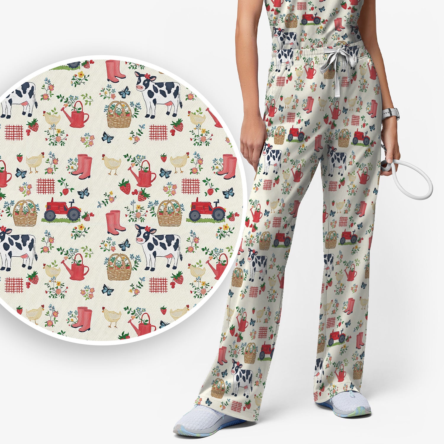 Cute Cow Chicken Farm Pattern Scrub Set, Women's Scrub Sets
