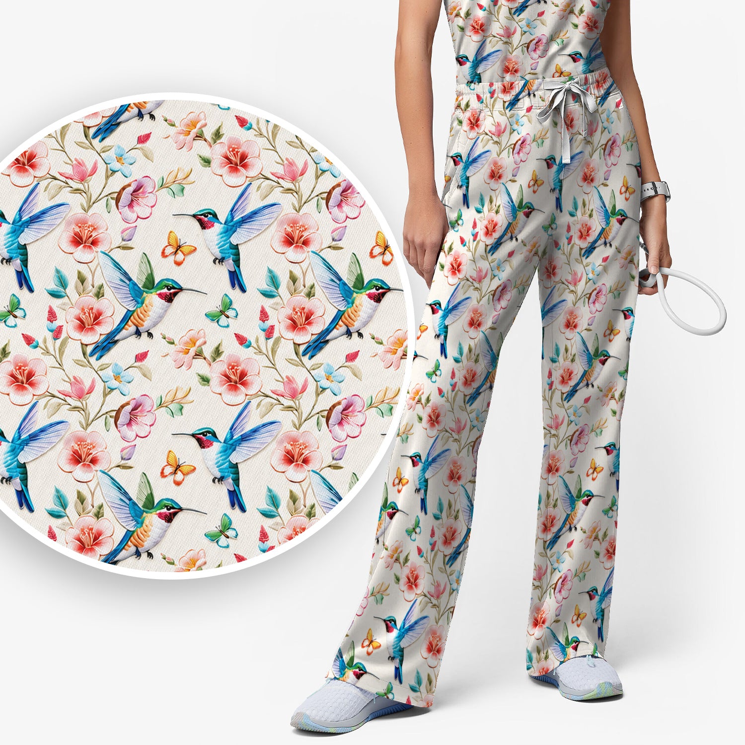 Hummingbird Blossom Butterfly Pattern Scrub Set, Scrub Pants and V Neck Top