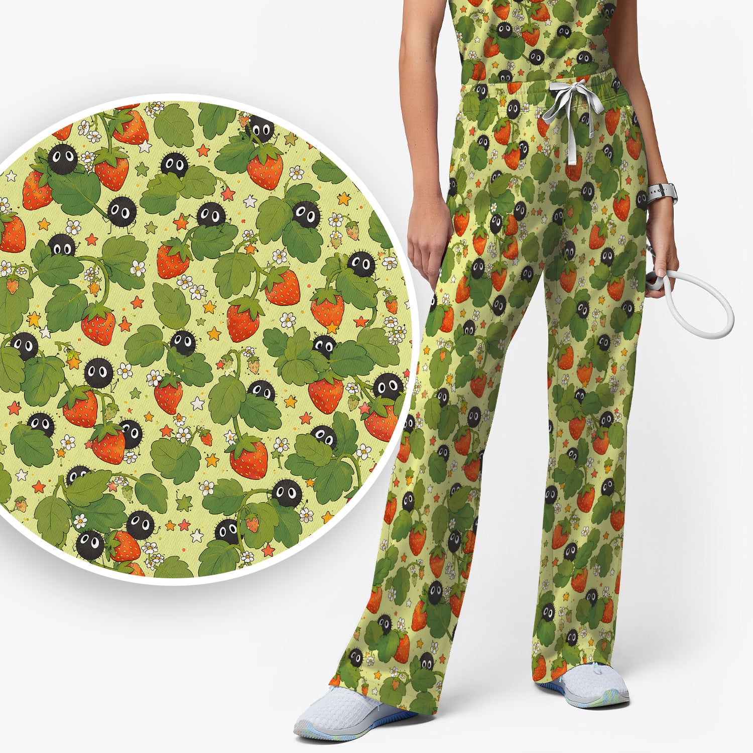 Cute Strawberry Soot Sprite Pattern Scrub Set, Scrub Pants and V Neck Top