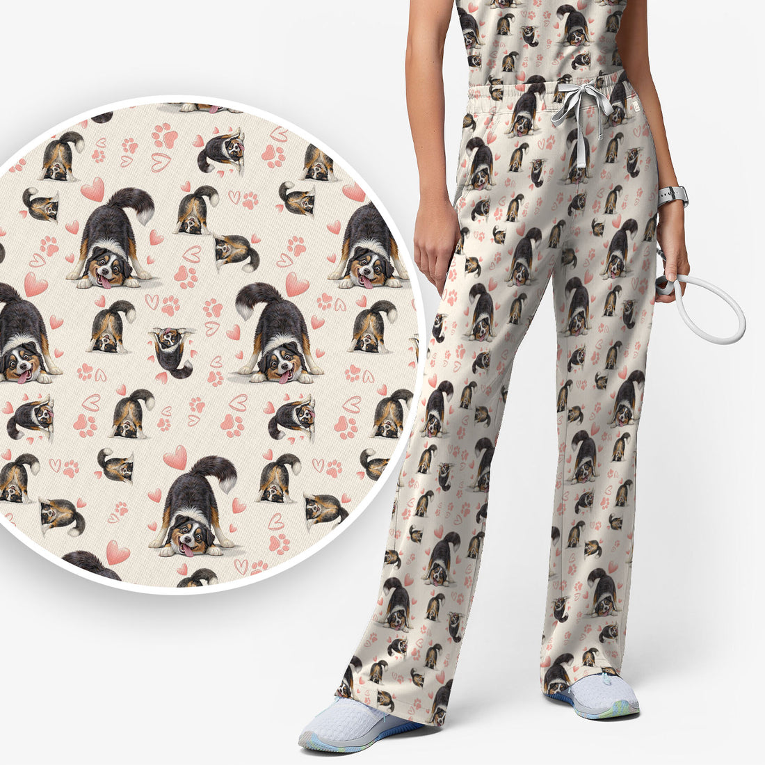 Playful Dog Heart Medical Print Scrub Set, Breathable Med Uniform