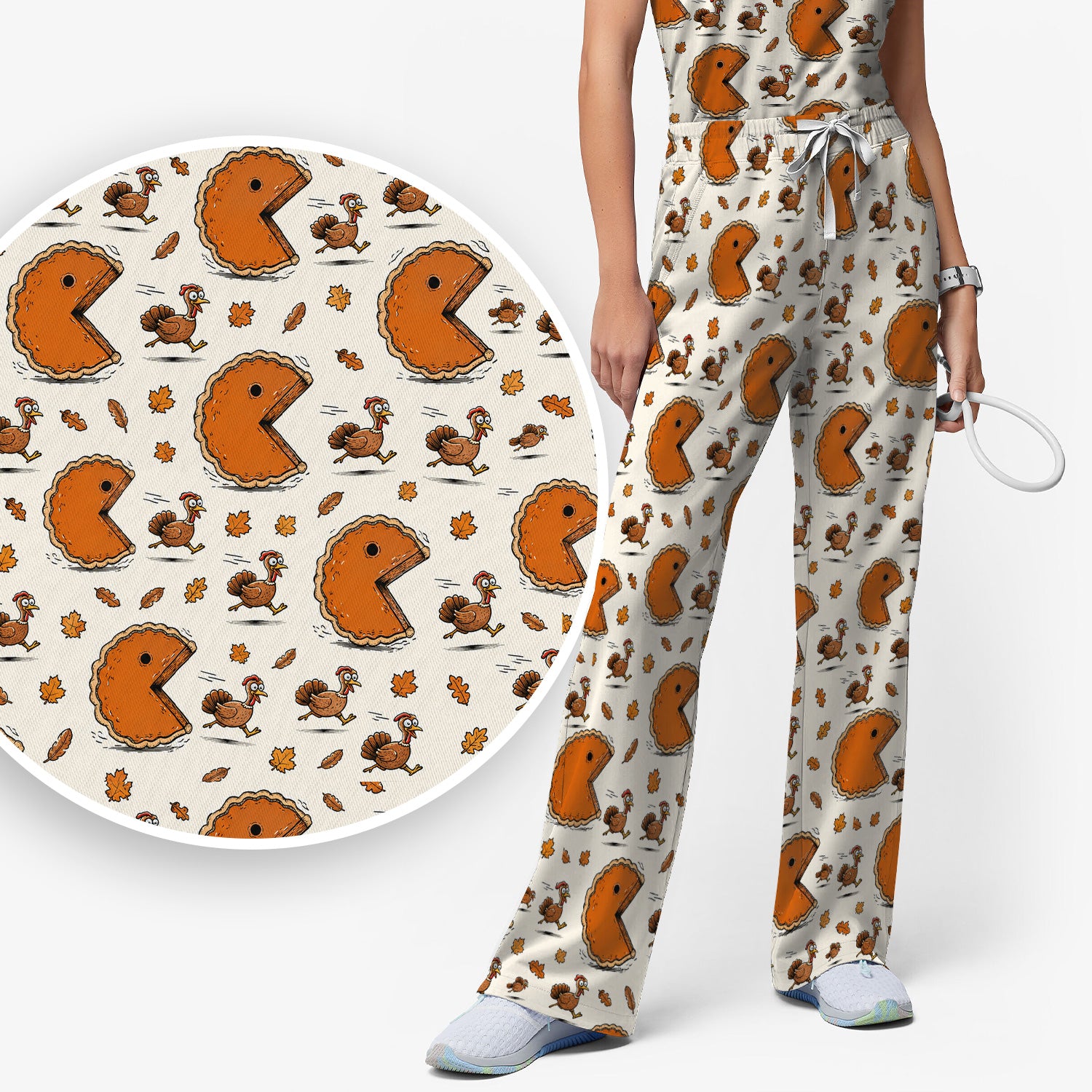 Thanksgiving Pie Chasing Turkey Scrub Set, Scrub Pants and V Neck Top