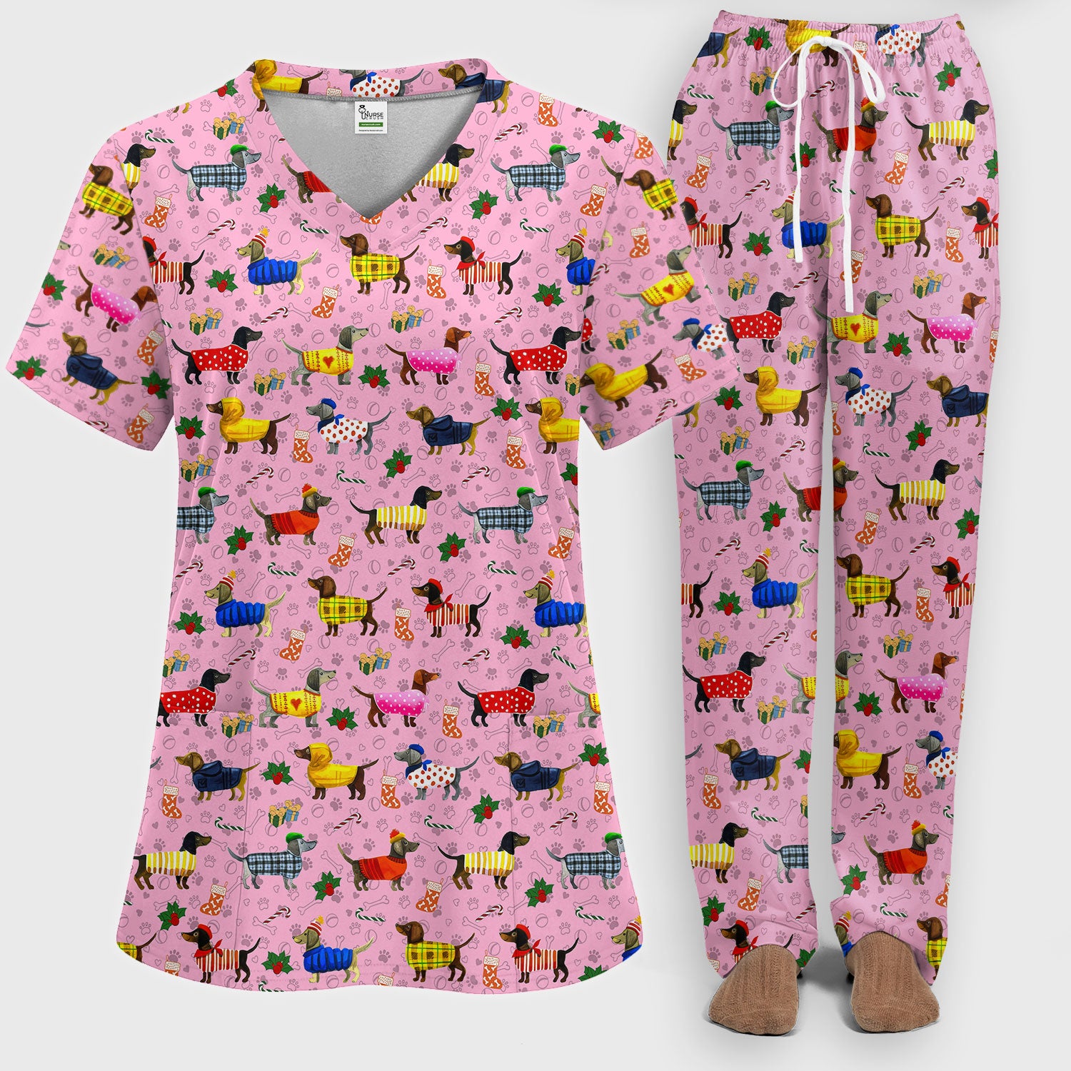 Funny Wiener Dog Scrub Set - Dachshund Paw Prints Nurse Uniform - Comfortable Nursing Pants - Holiday Gift for Her