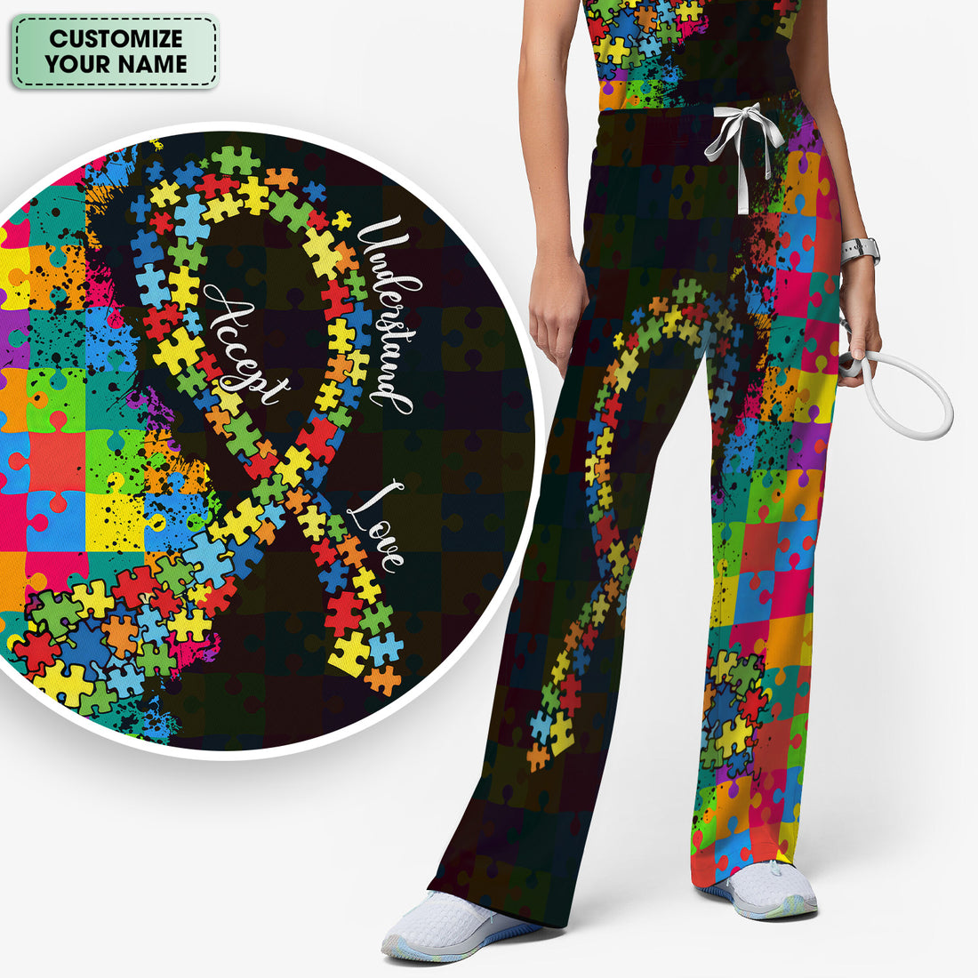 Personalized Autism Awareness Puzzle Ribbon Scrub Set, Breathable Med Uniform