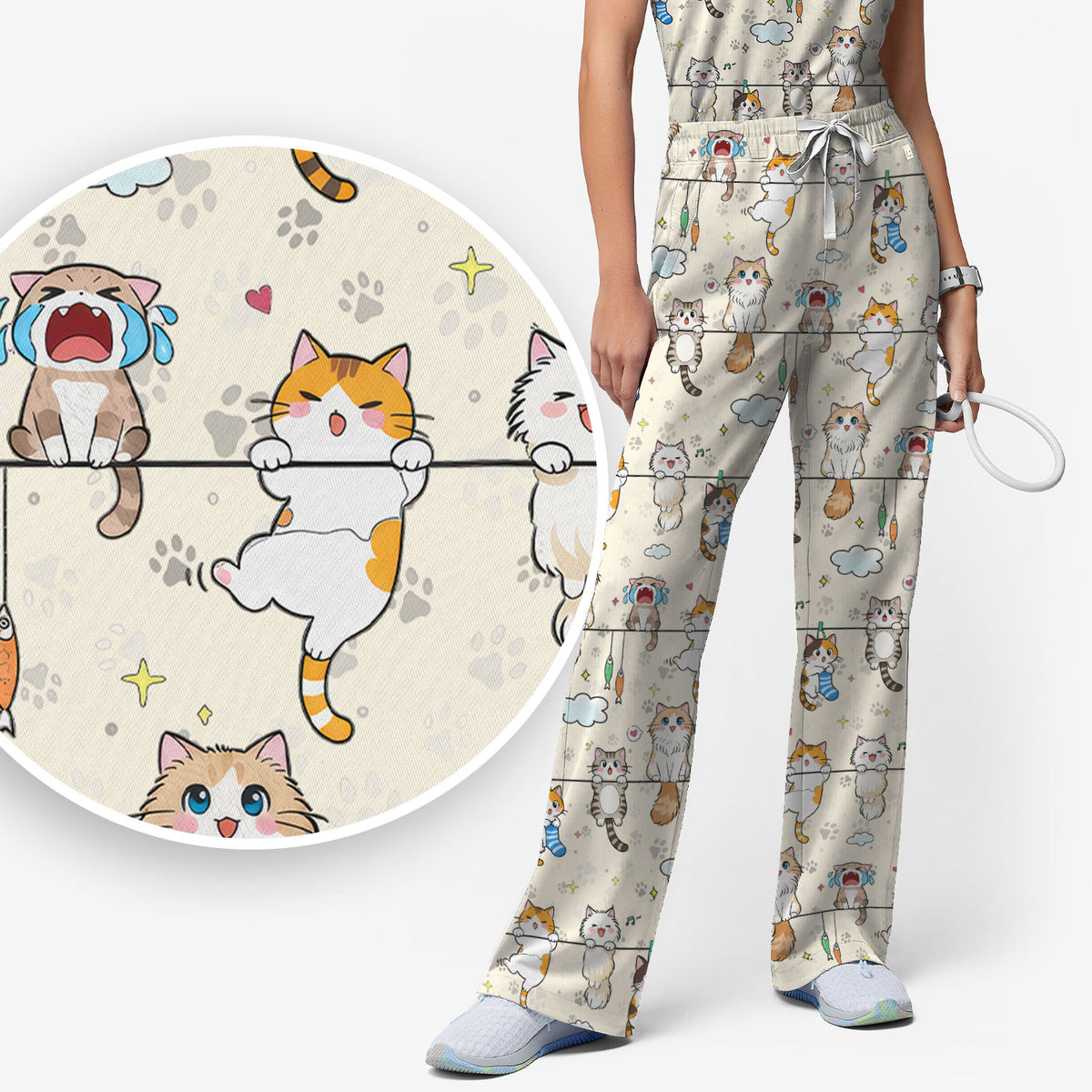 Funny Cats With Cute Expressions Pattern Scrubs Sets, Scrub Pants and V Neck Top