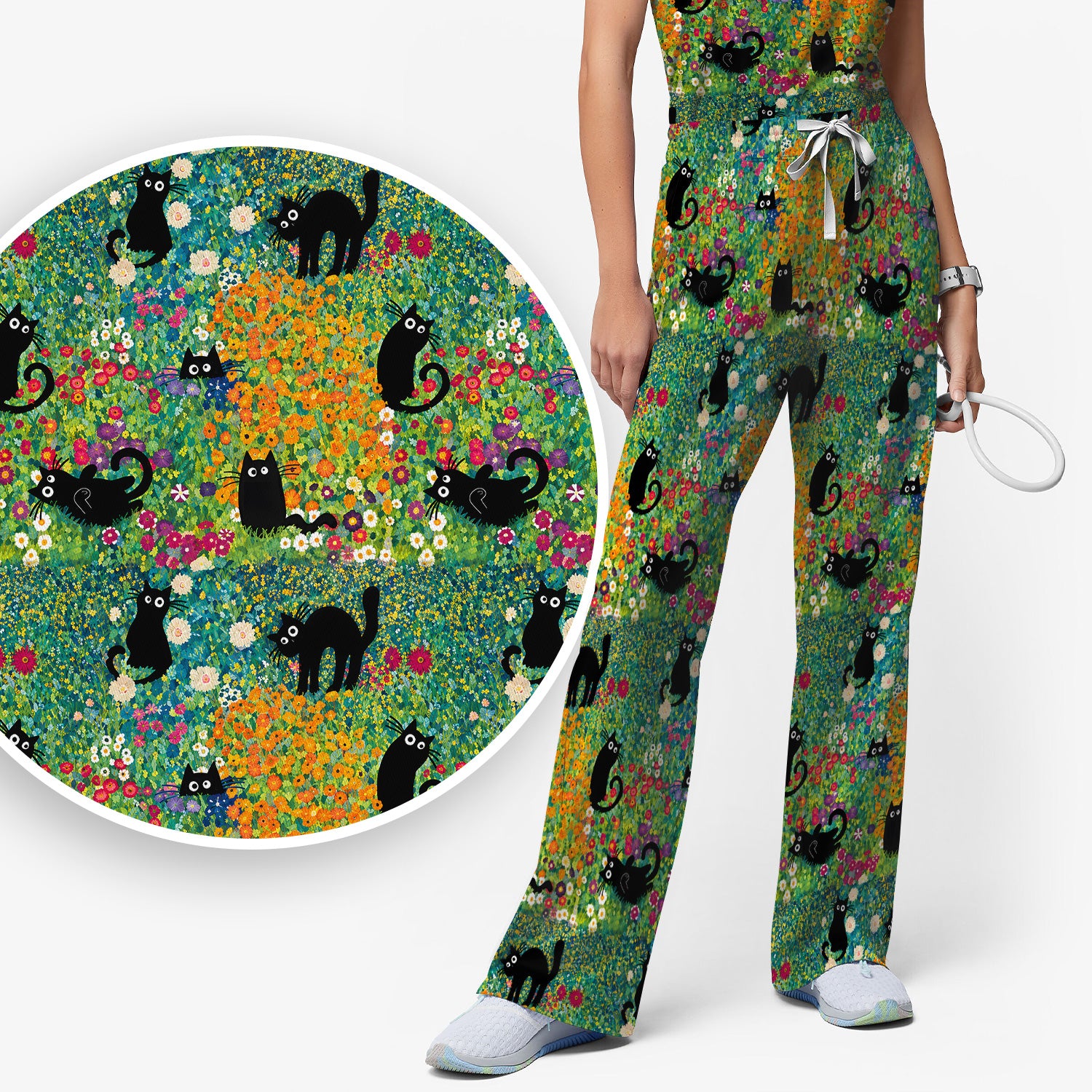 Black Cat Flower Garden Pattern Scrub Set, Scrub Pants and V Neck Top