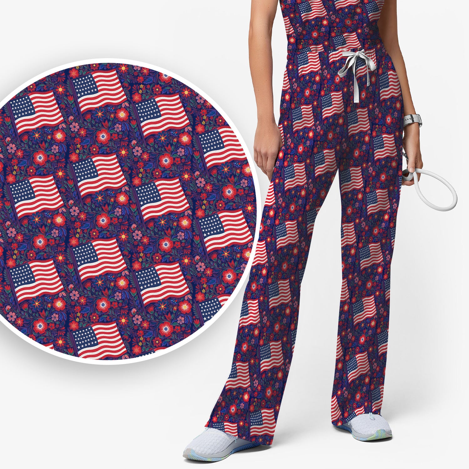 Patriotic USA Flag With Floral Fireworks Pattern Scrub Set, Scrub Pants and V Neck Top