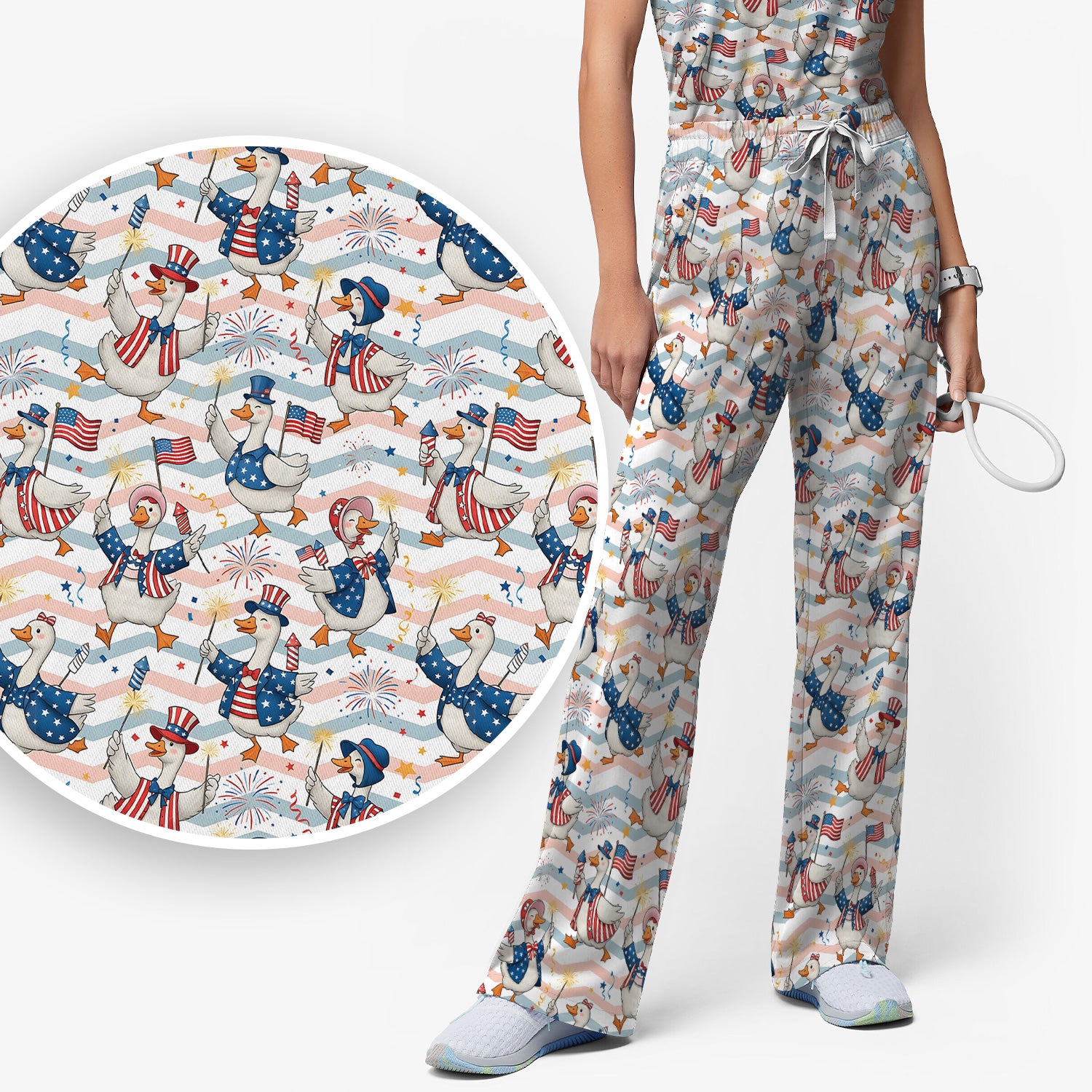 Patriotic Goose Fireworks Parade Pattern Scrub Set, Scrub Pants and V Neck Top