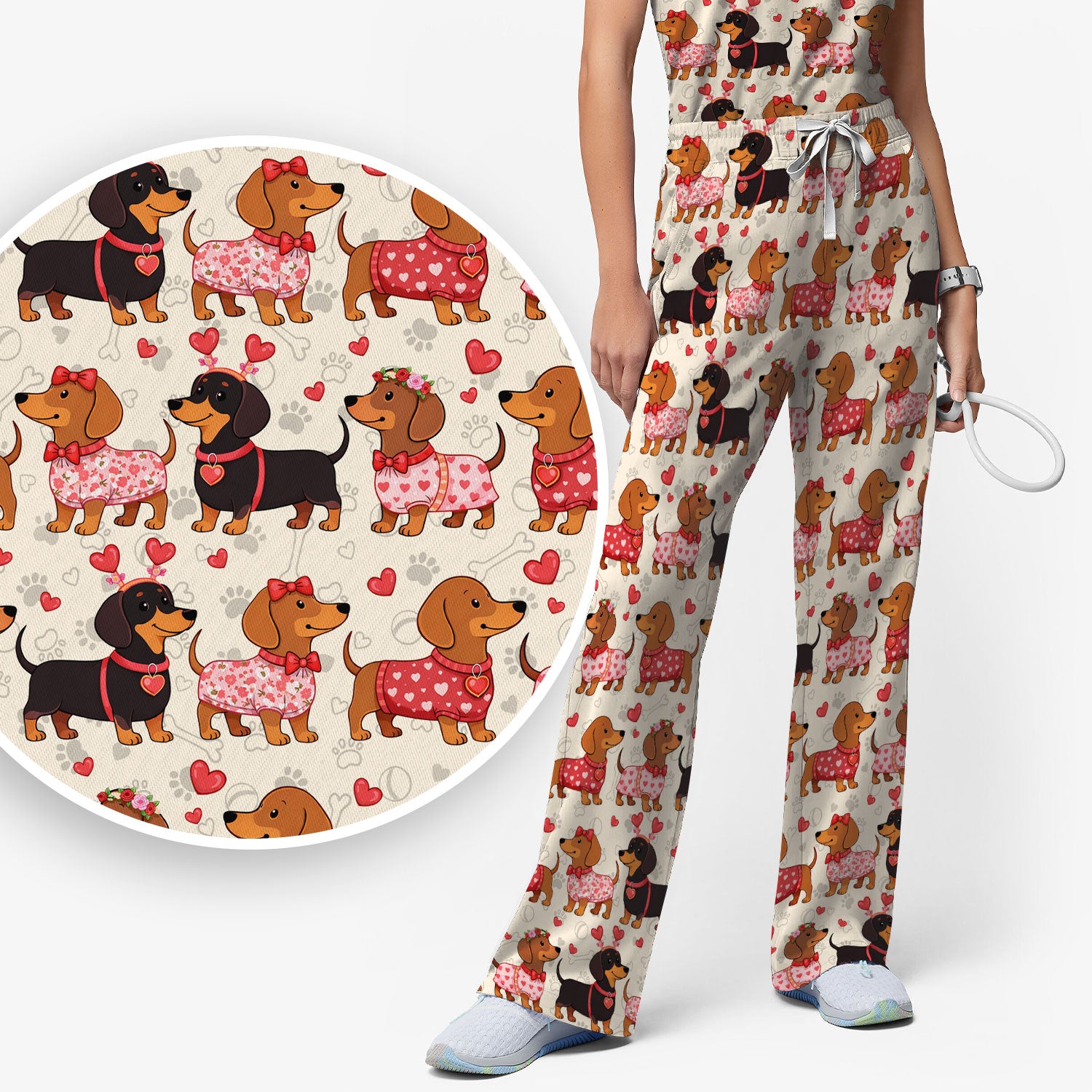 Valentine Dachshund Scrub Top, Wiener Dog Love Pattern Nurse Shirt, Breathable Fabrics Nursing Uniform