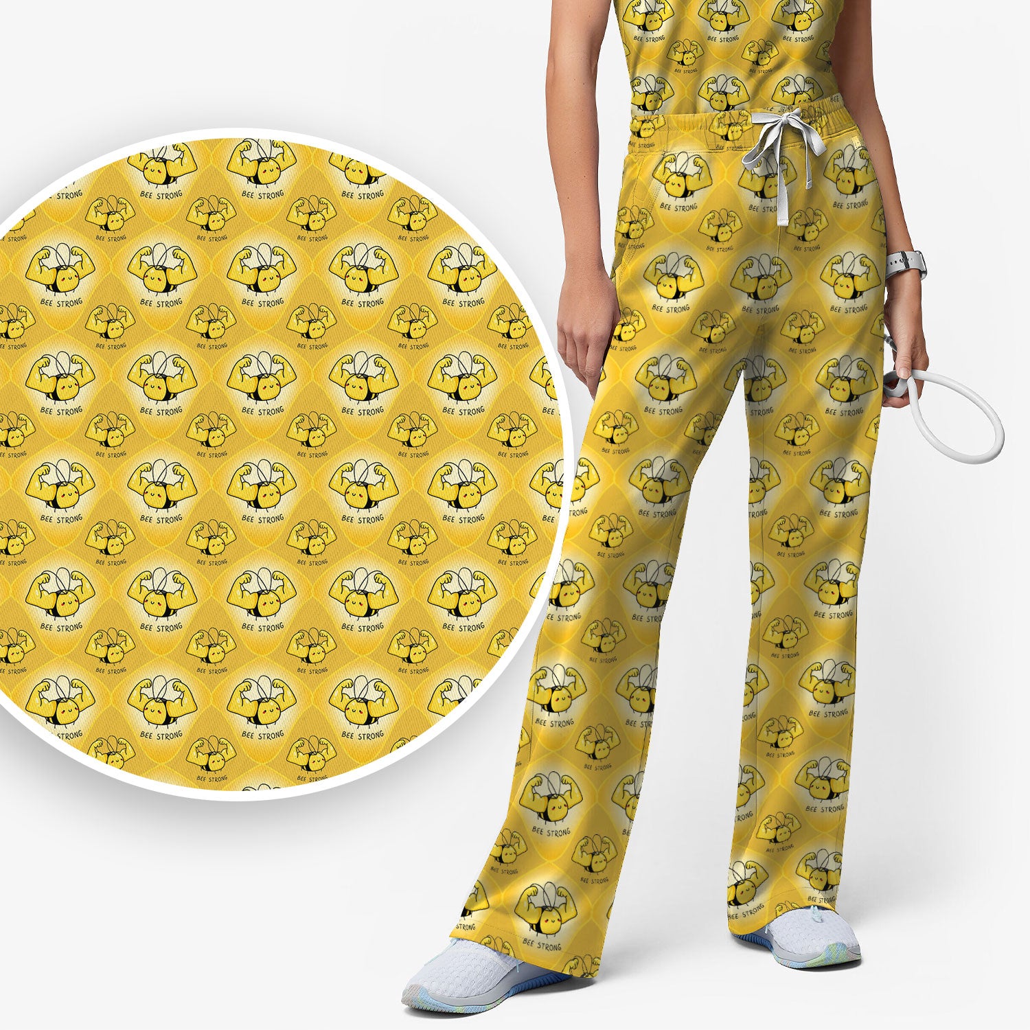 Bee Strong Honey Bee Pattern Scrub Set, Scrub Pants and V Neck Top