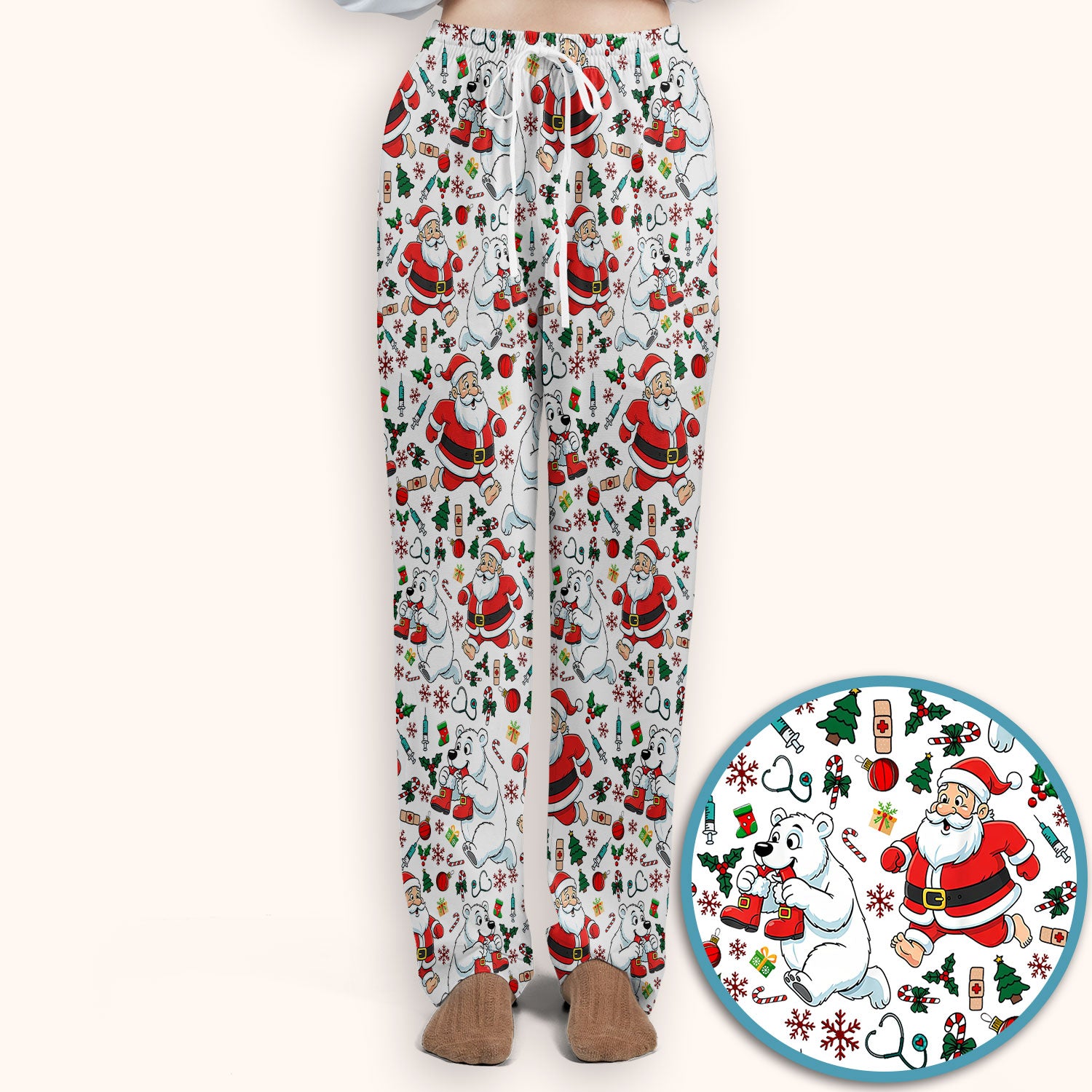 Christmas Santa & Polar Bear Scrub Set - Funny Holiday Nursing Pants and V Neck Top - Cute Winter Medical Uniform