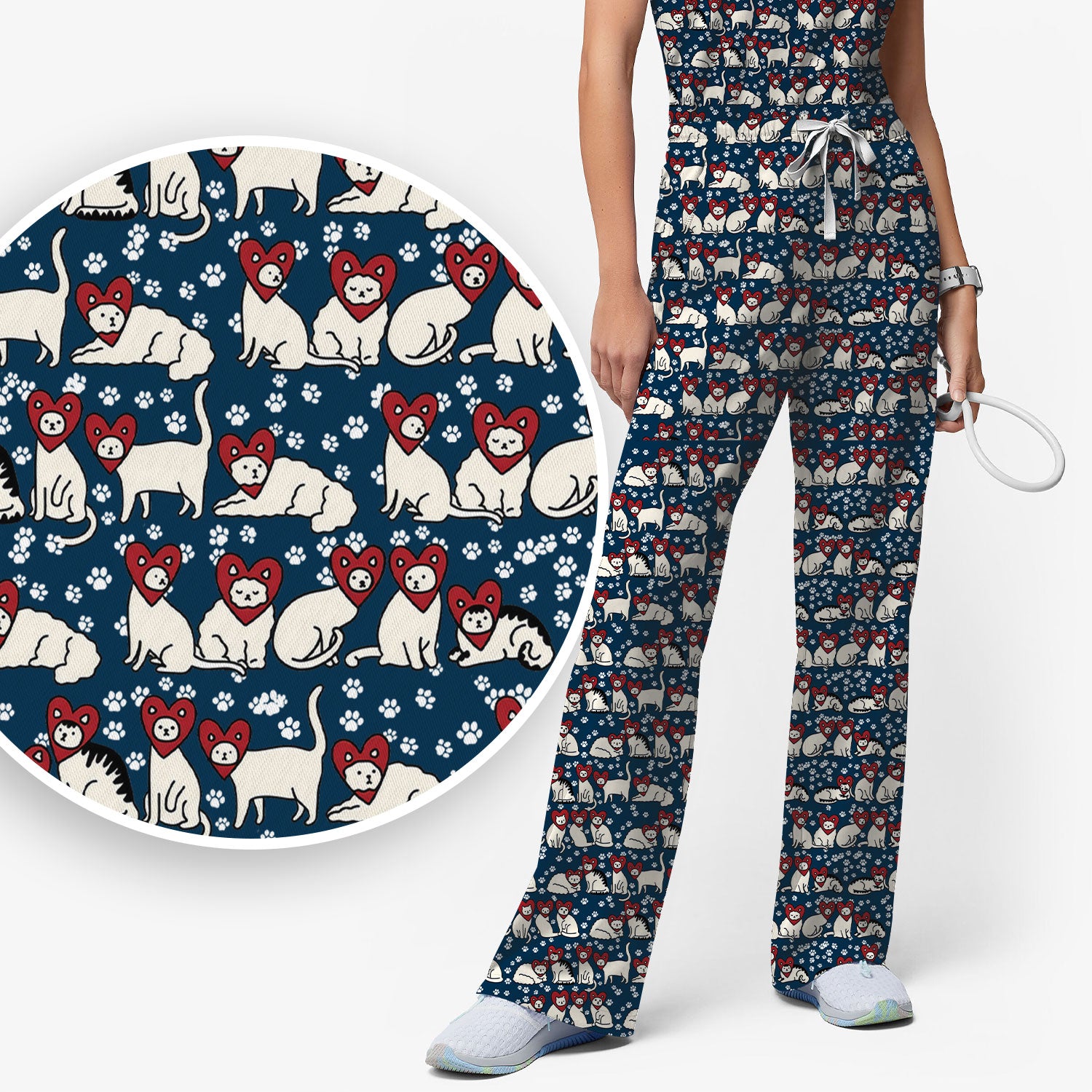 Cute Cat Heart Pattern Scrub Set, Funny Cat Scrub Shirt For Nurses, Breathable Fabrics Nursing Uniform