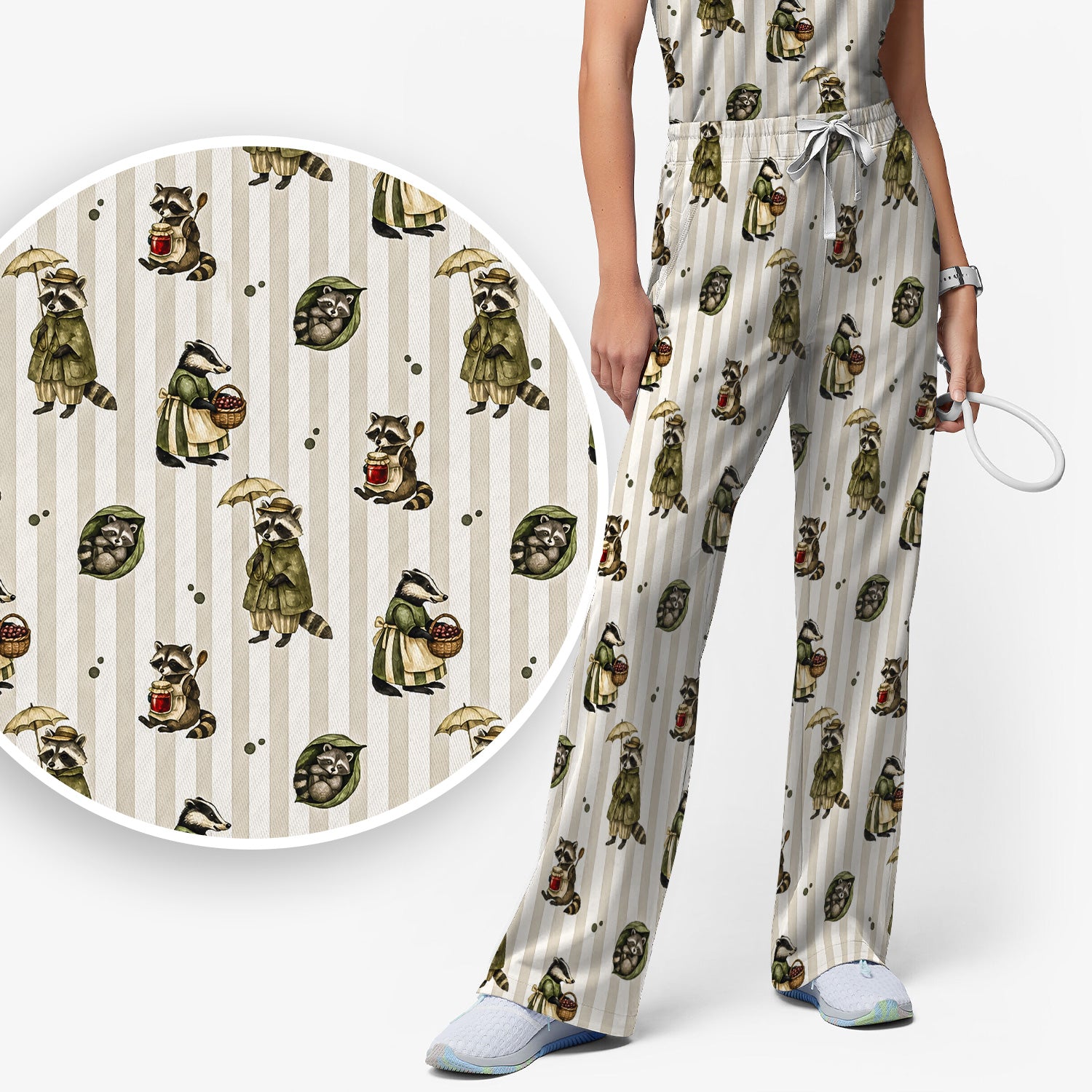 Cute Woodland Raccoon Print Scrub Set, Scrub Pants and V Neck Top