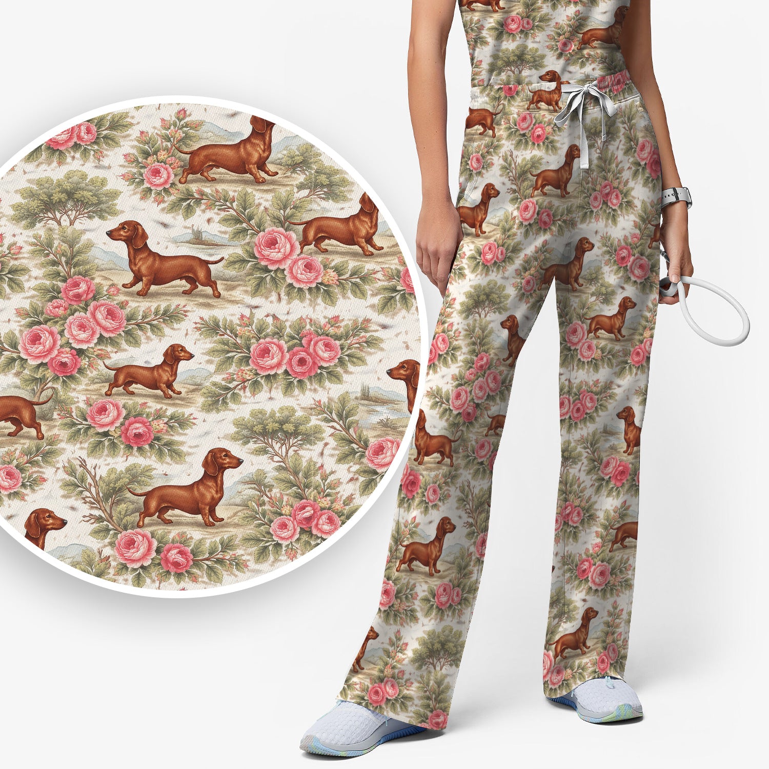 Vintage Dachshund Rose Floral Pattern Scrub Set, Scrub Pants and V Neck Top