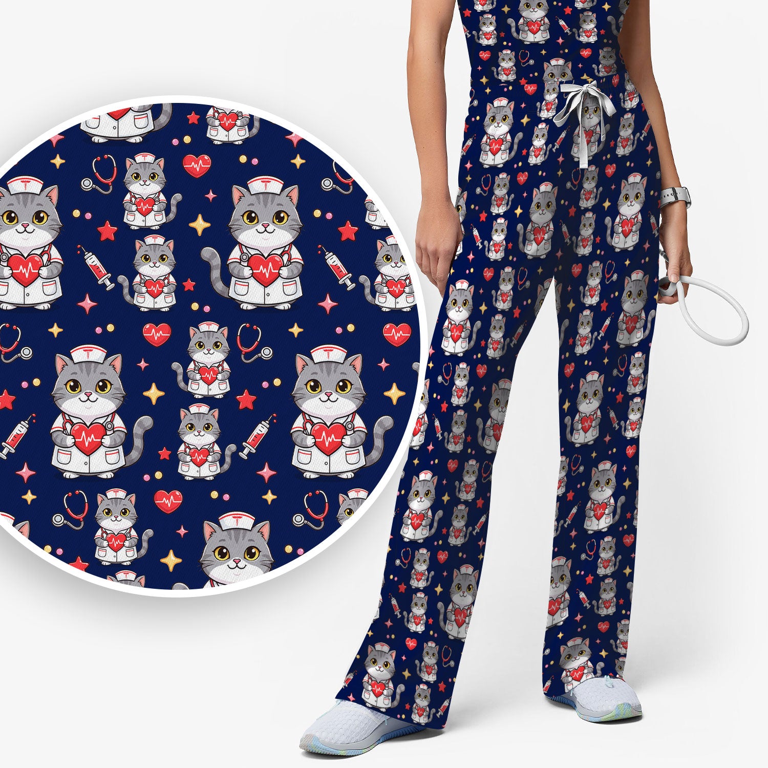 Cute Nurse Cat Heart Medical Print Scrub Set, Scrub Pants and V Neck Top