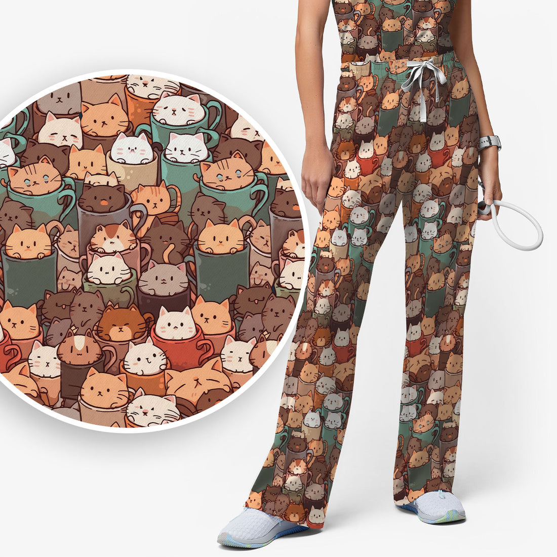 Cute Coffee Cat Scrub Set, Cozy Kittens in Mug Pattern Nurse Shirt, Breathable Fabrics Nursing Uniform