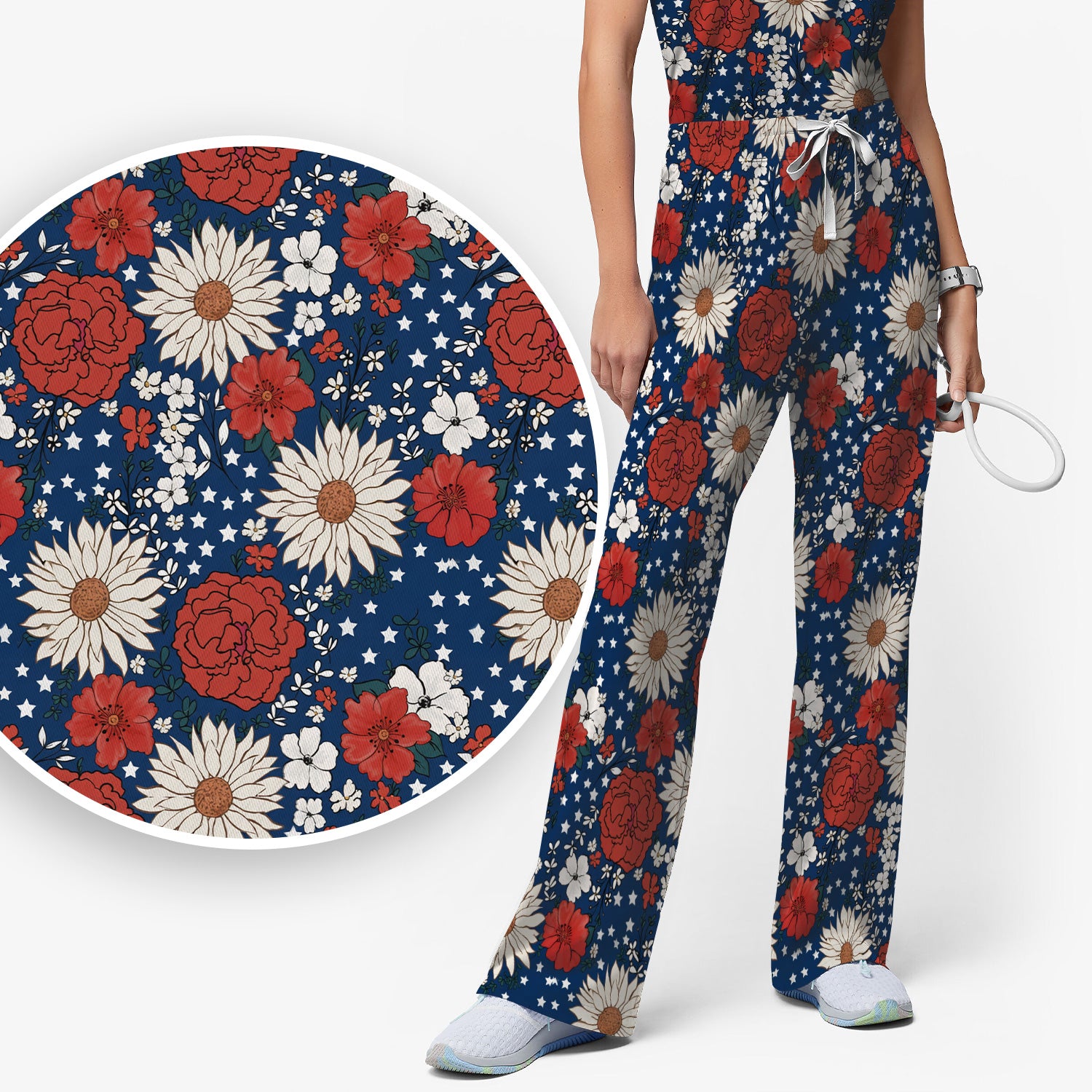 Red White Blue Floral Pattern Scrub Set, Scrub Pants and V Neck Top