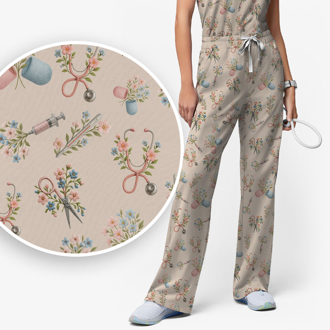 Floral Medical Scrub Set, Elegant Stethoscope With Flower Nursing Shirt, Breathable Fabrics Nurse Uniform