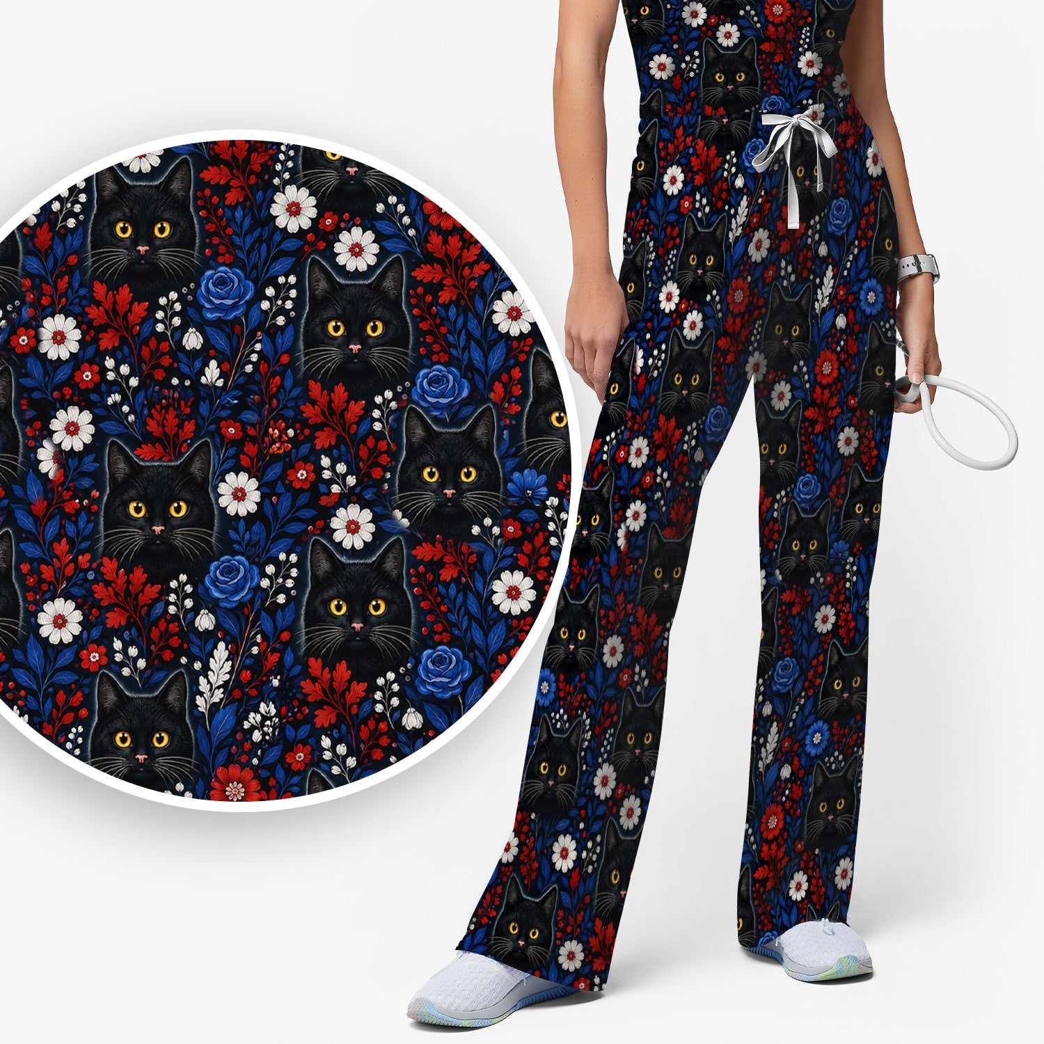 Black Cat Floral Nurse Pattern Scrub Set, Scrub Pants and V Neck Top