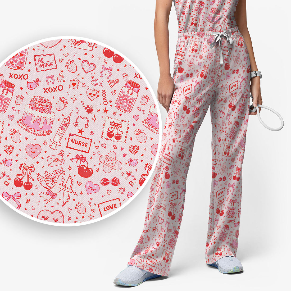 Valentine Pink XOXO Pattern Nurse Scrub Set, Comfortable Uniform Scrubs For Nursing