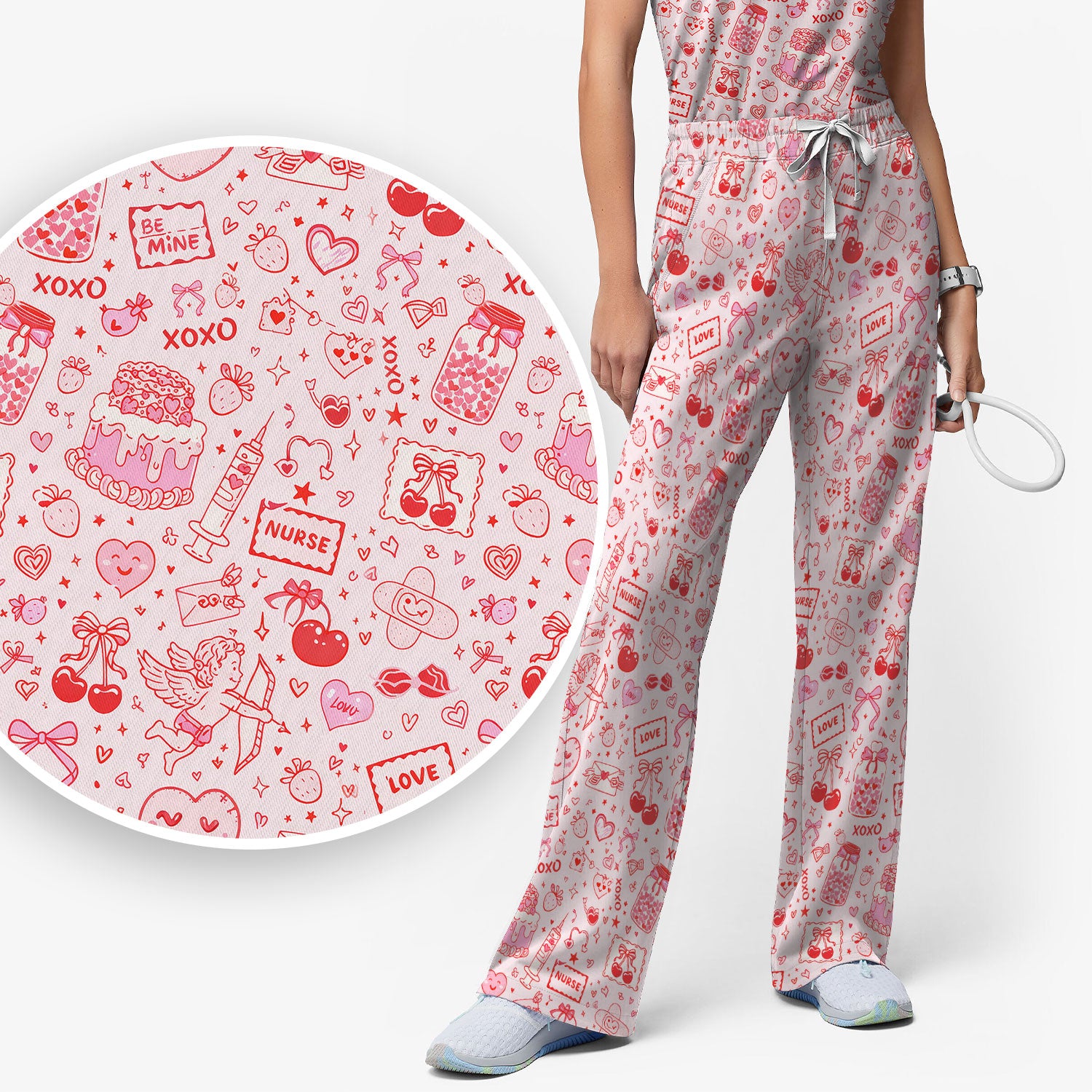 Valentine Pink XOXO Pattern Nurse Scrub Set, Comfortable Uniform Scrubs For Nursing