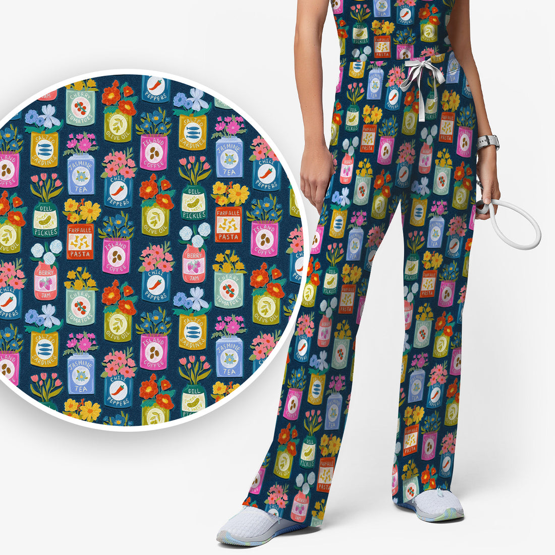 Colorful Pantry Jars Flowers Pattern Scrubs Sets, Scrub Pants and V Neck Top