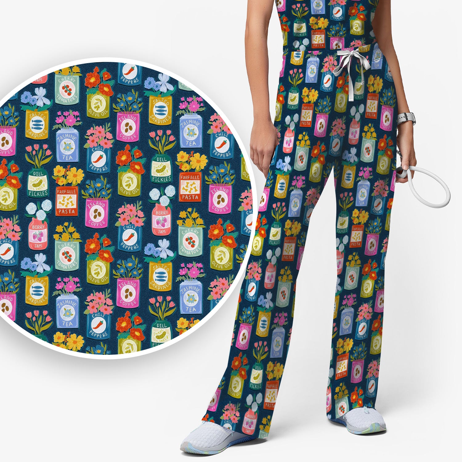 Colorful Pantry Jars Flowers Pattern Scrubs Sets, Scrub Pants and V Neck Top