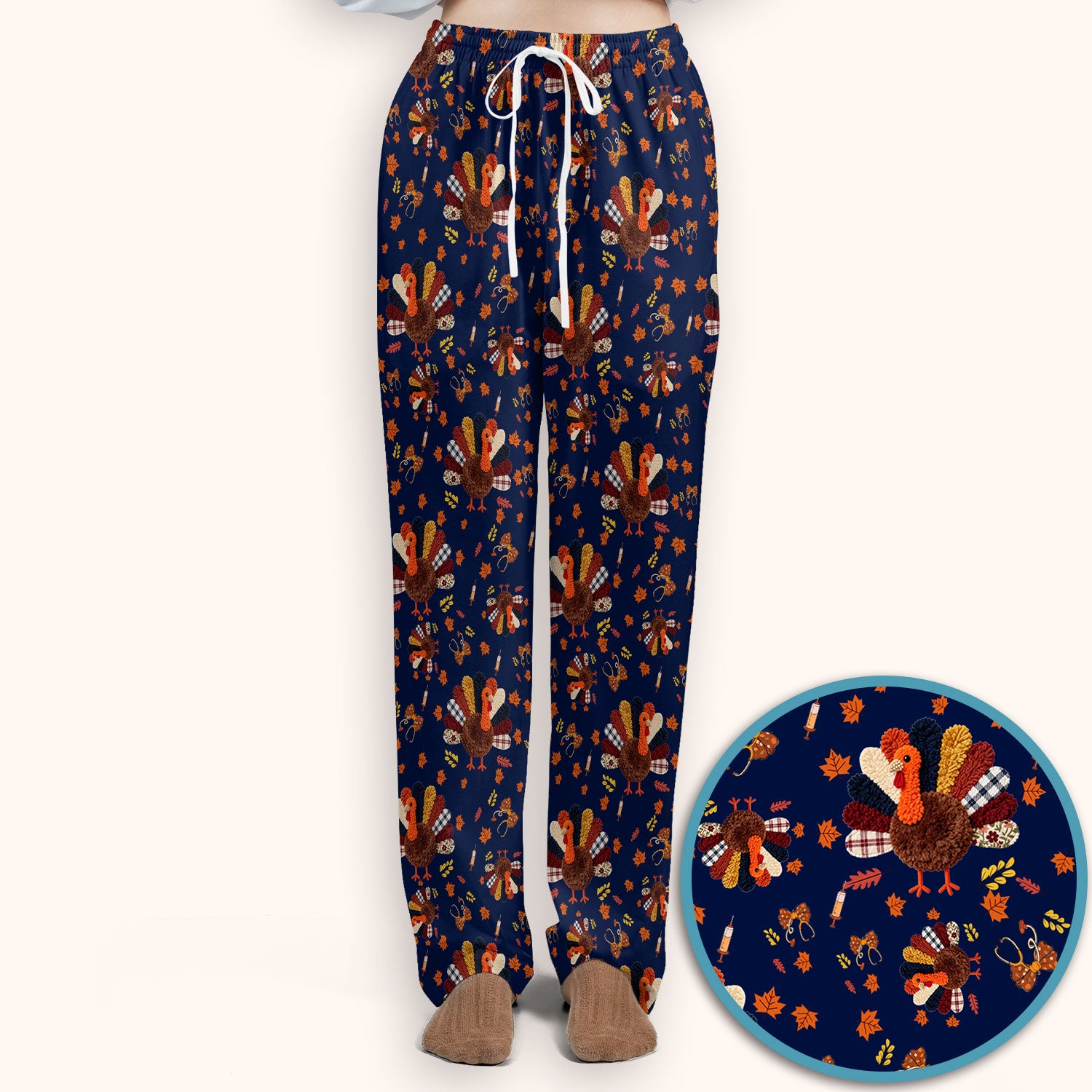 Funny Thanksgiving Nurse Scrub Sets - Fall Leaves and Pumpkin Scrub Pants and V Neck Top - Autumn Turkey Med Uniform