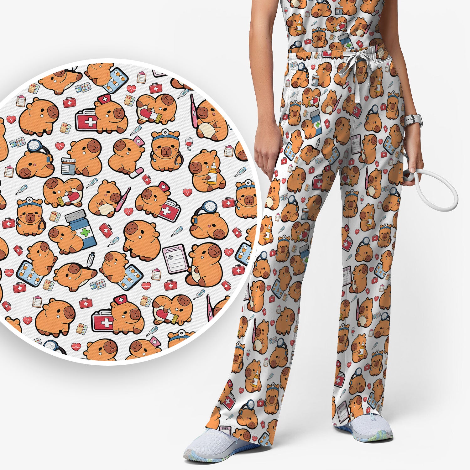 Capybara With Stethoscope And Medical Tools Seamless Scrub Set, Breathable Med Uniform