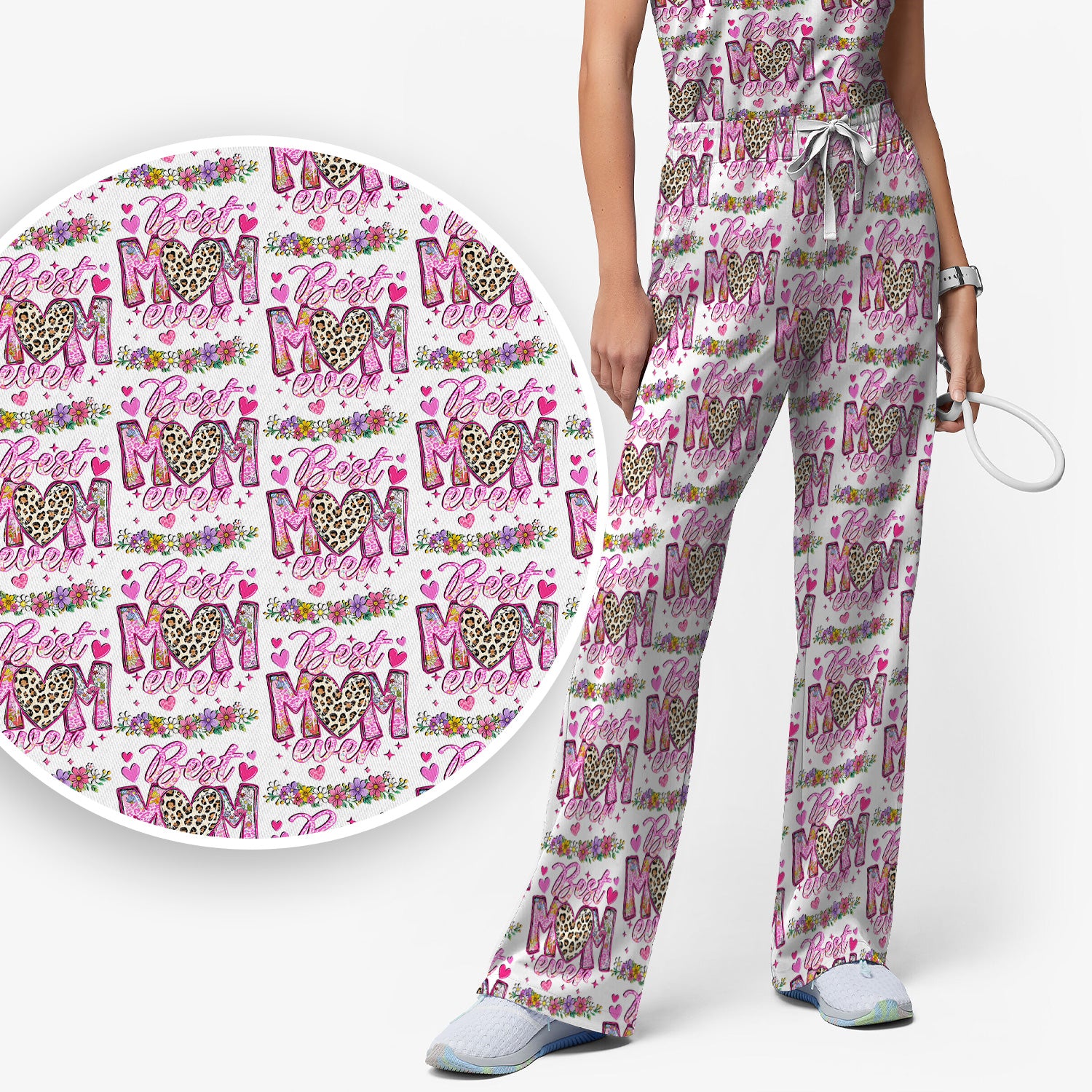 Best Mom Ever Leopard Heart Floral Pattern Scrub Set, Nurse Uniform Scrubs Set
