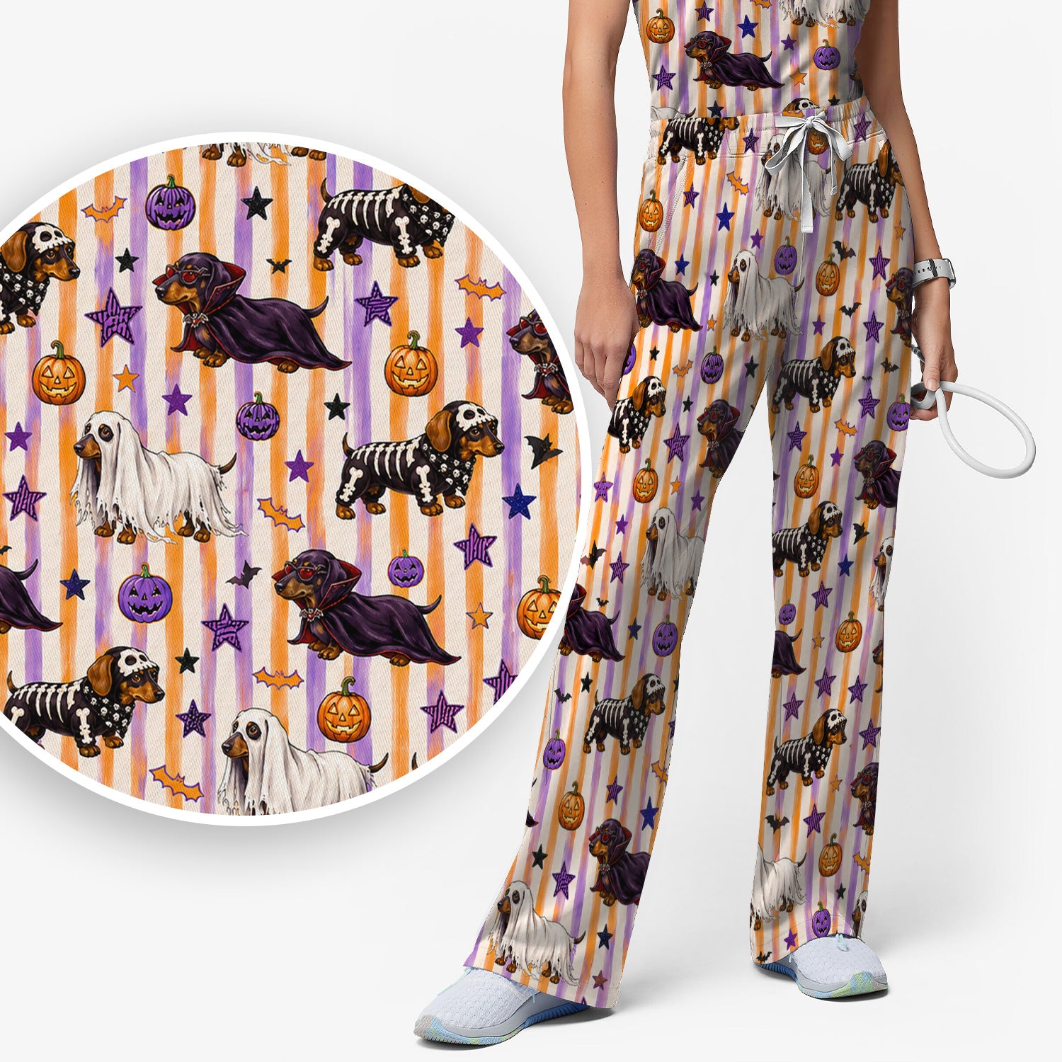 Halloween Dachshund Stripe Pattern Scrub Set, Scrub Pants and V Neck Top