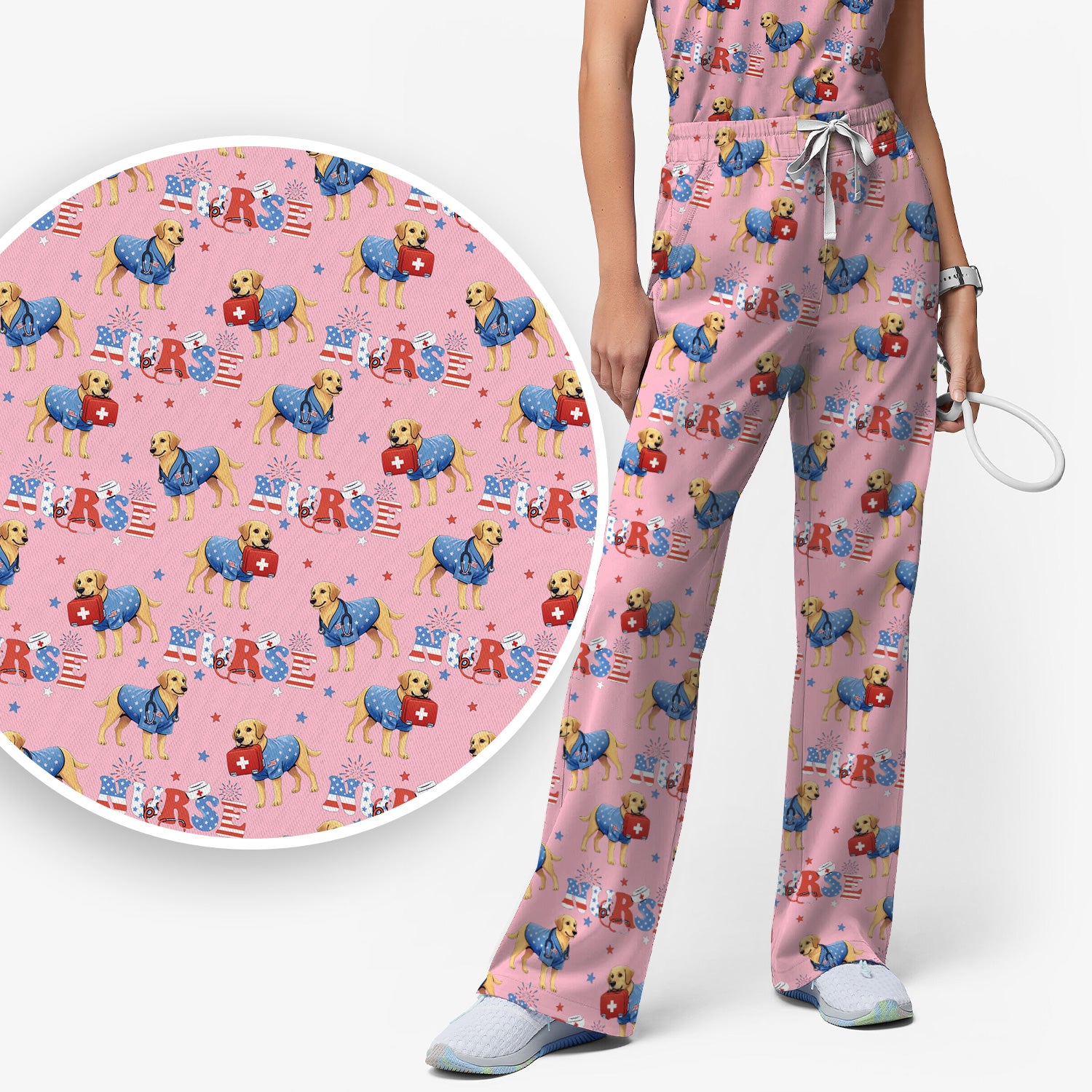 Patriotic Nurse Dog Medical Pattern Pattern Scrub Set, Women's Scrub Sets