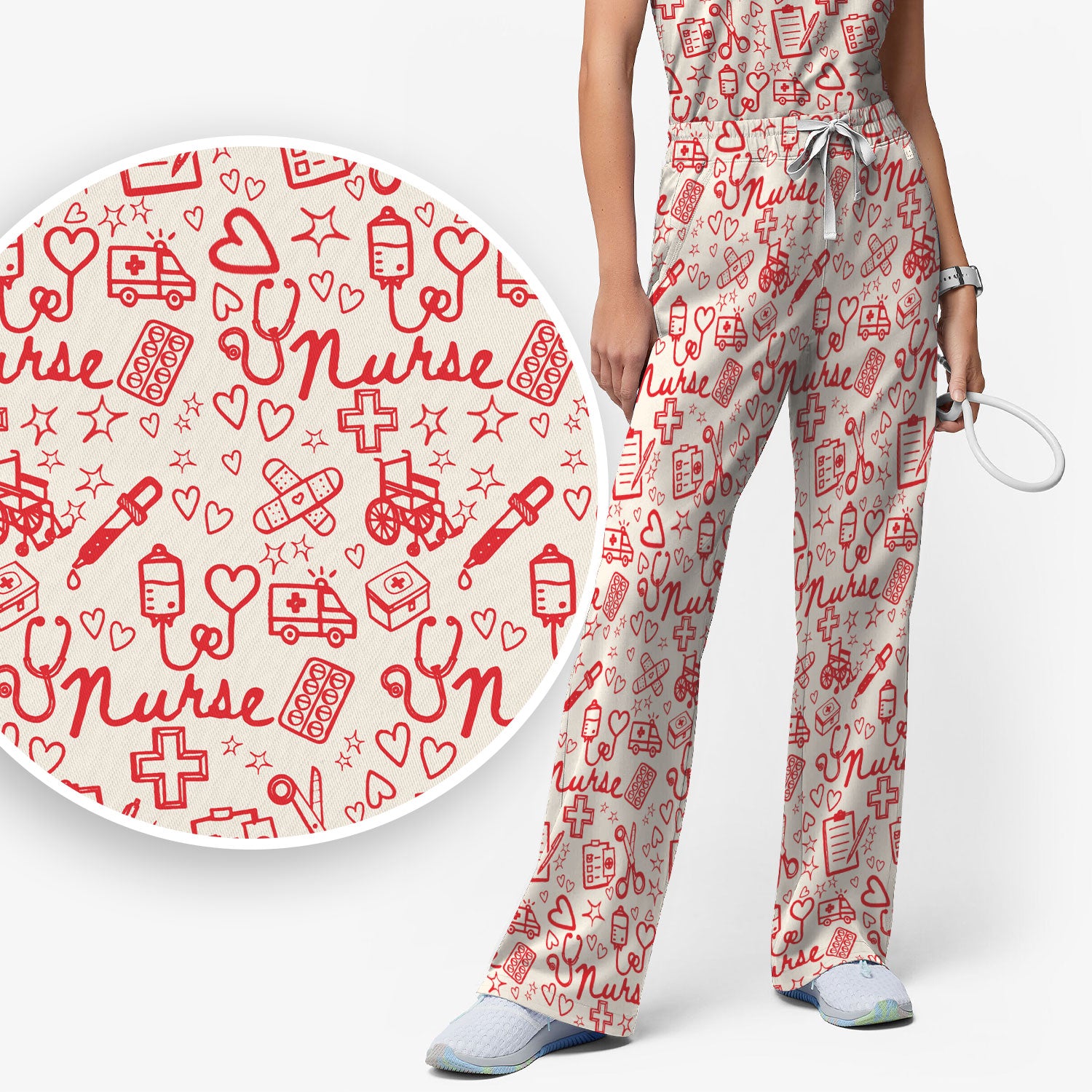 Cute Nurse Heart Medical Pattern Scrub Set, Breathable Med Uniform