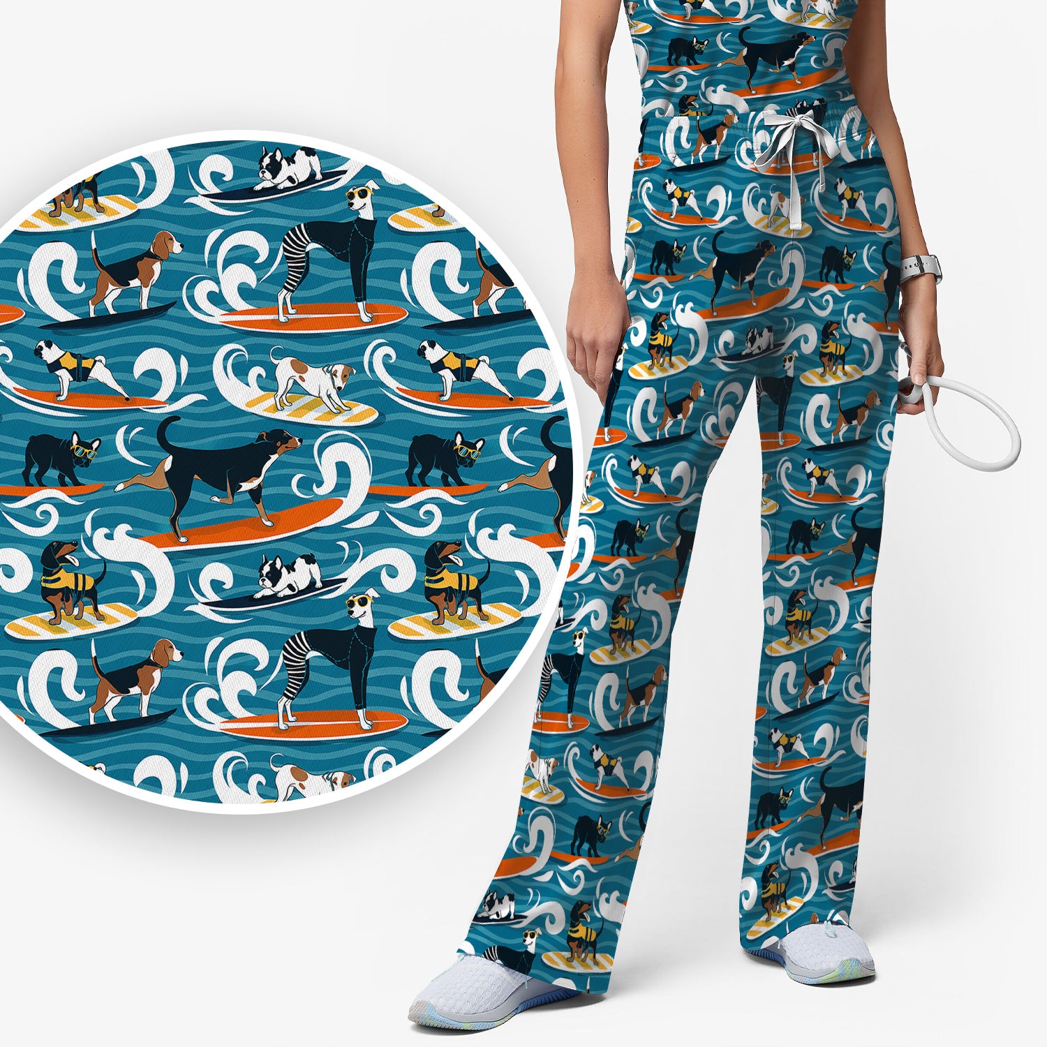Surfing Dogs Ocean Wave Print Scrub Set, Scrub Pants and V Neck Top