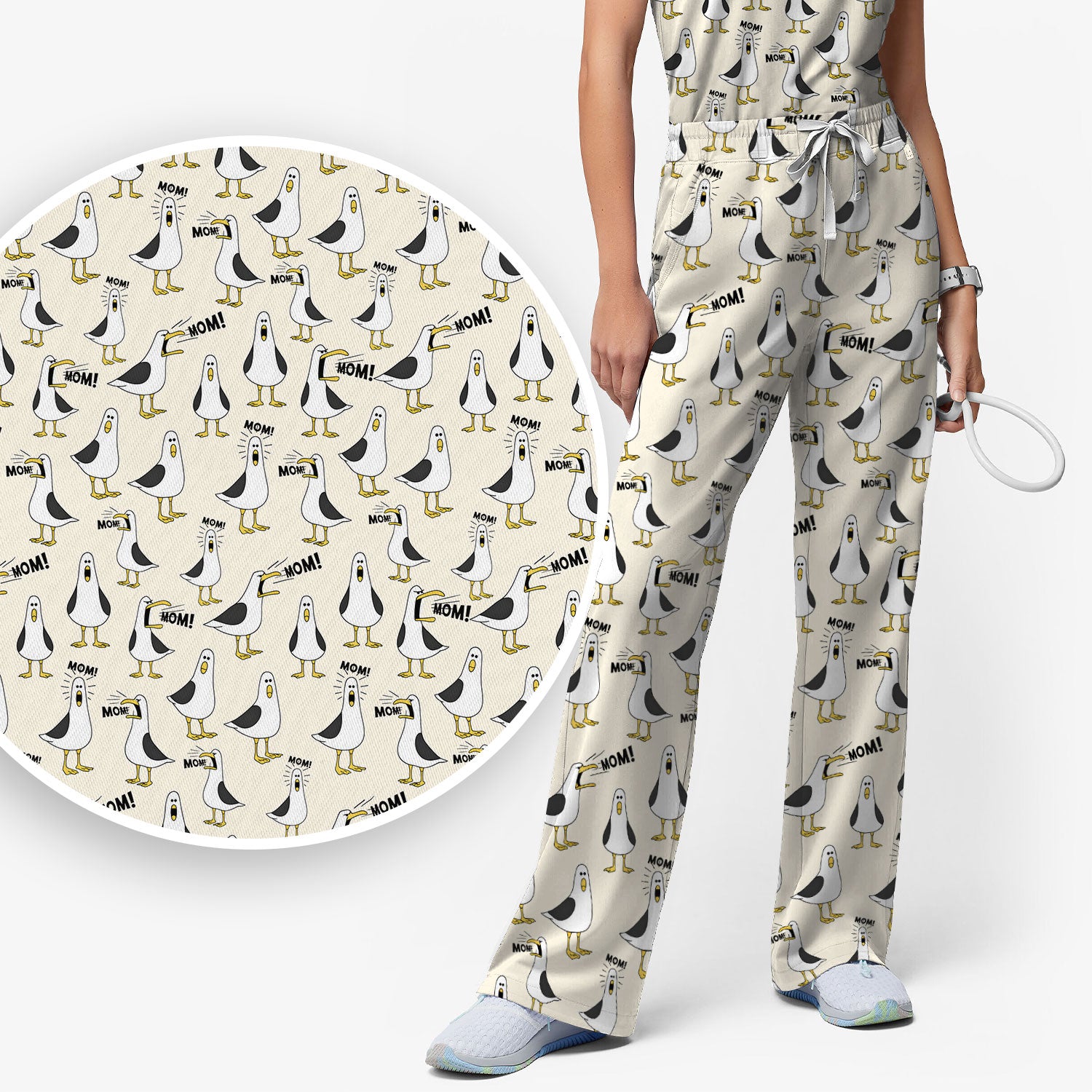 Funny Seagull Mom Seamless Pattern Scrub Set, Scrub Pants and V Neck Top