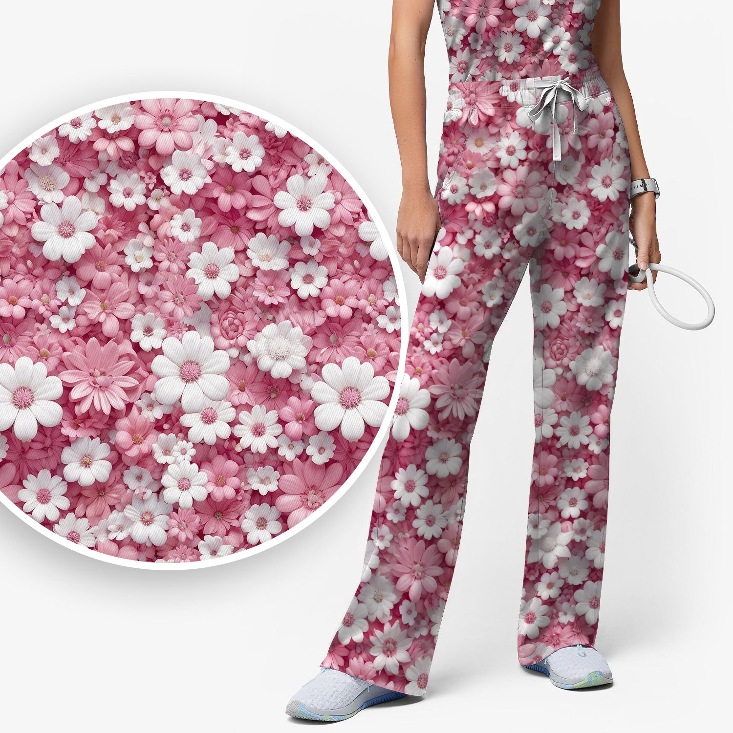 Cute Daisy Flower Bloom Pattern Scrub Set, Scrub Pants and V Neck Top
