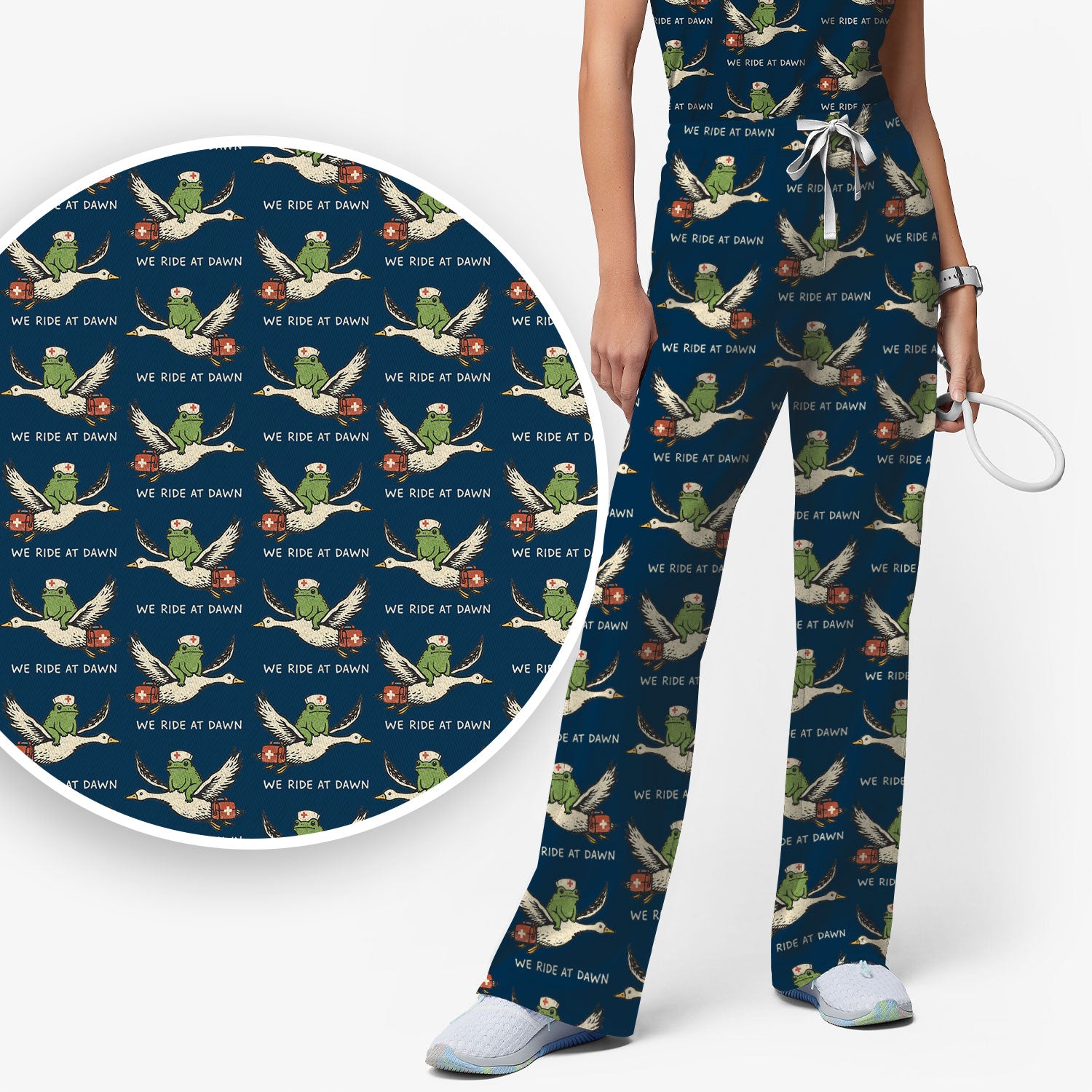 Funny Frog Riding Goose Nurse Pattern Scrub Set, Nurse Uniform Scrubs Set