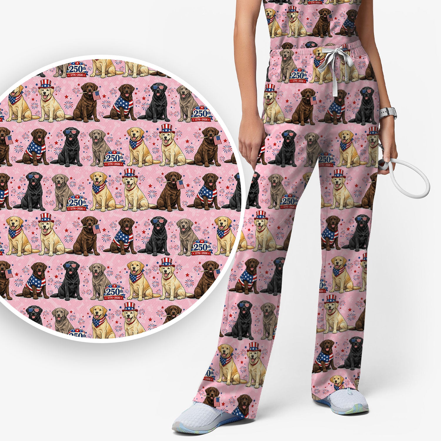 4th of July Labrador Dog Patriotic Print Scrub Set, Scrub Pants and V Neck Top