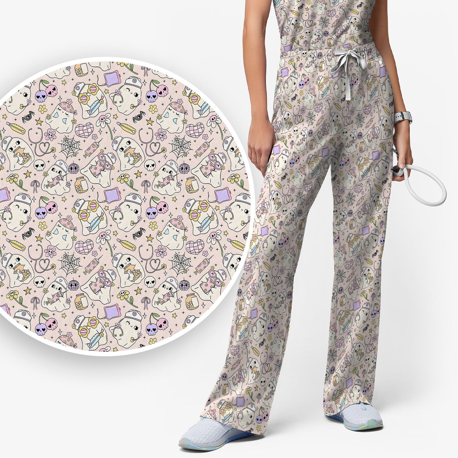 Cute Halloween Nurse Ghosts Pattern Scrub Set, Scrub Pants and V Neck Top