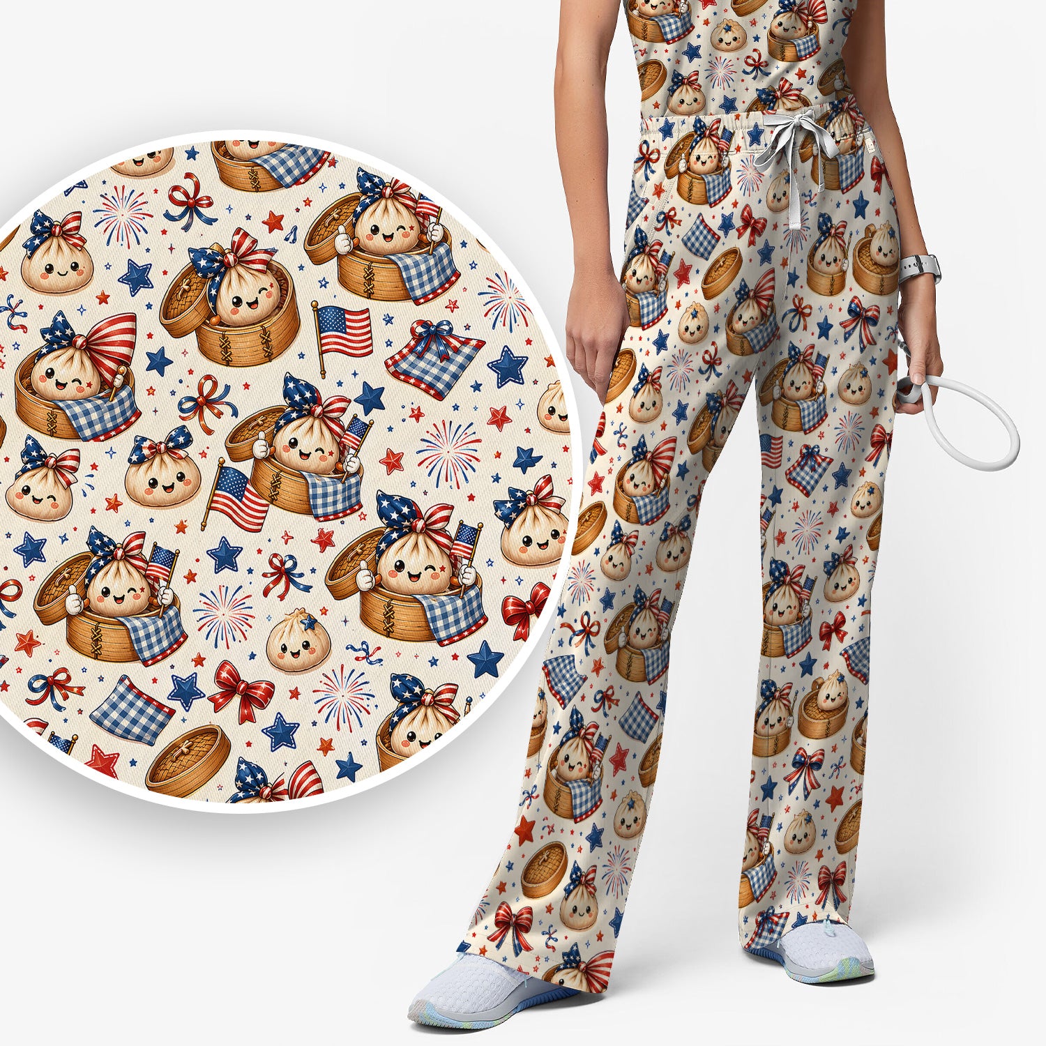 Patriotic Dumpling Nurse Pattern Scrub Set, Scrub Pants and V Neck Top