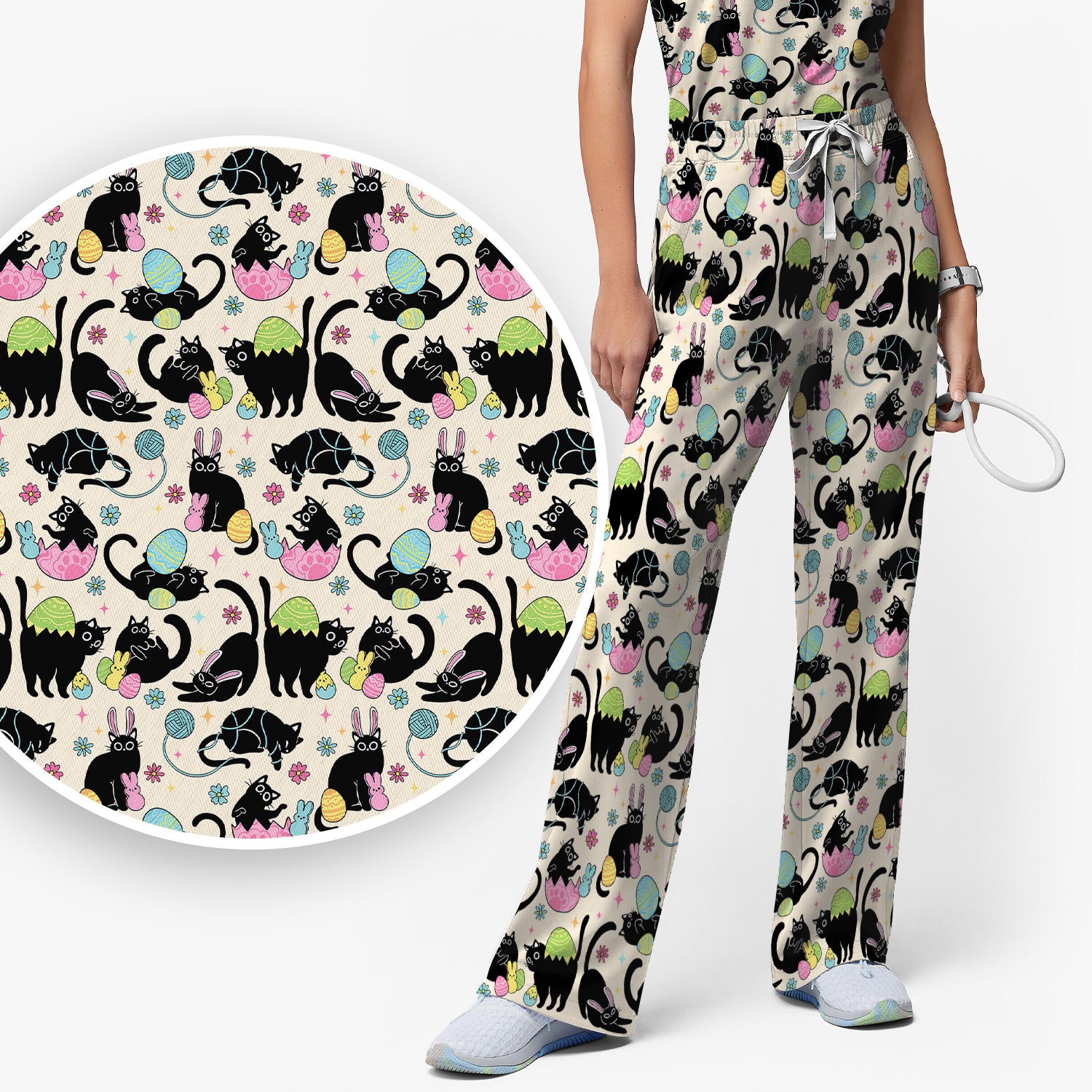 Funny Easter Black Cat Egg Pattern Scrub Set, Scrub Pants and V Neck Top