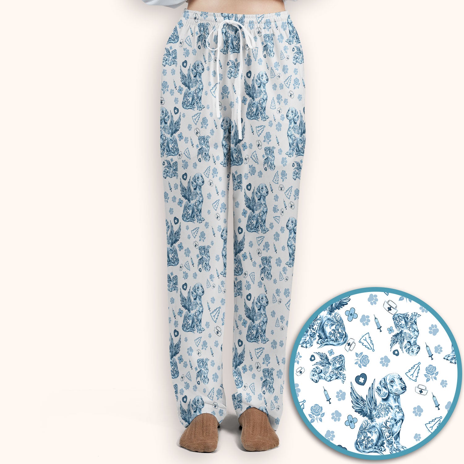 Toile de Jouy Dachshund Angel Scrub Set - Blue Vintage Wiener Dog Scrubs Pants and V Neck Top - Memorial Puppy Gift