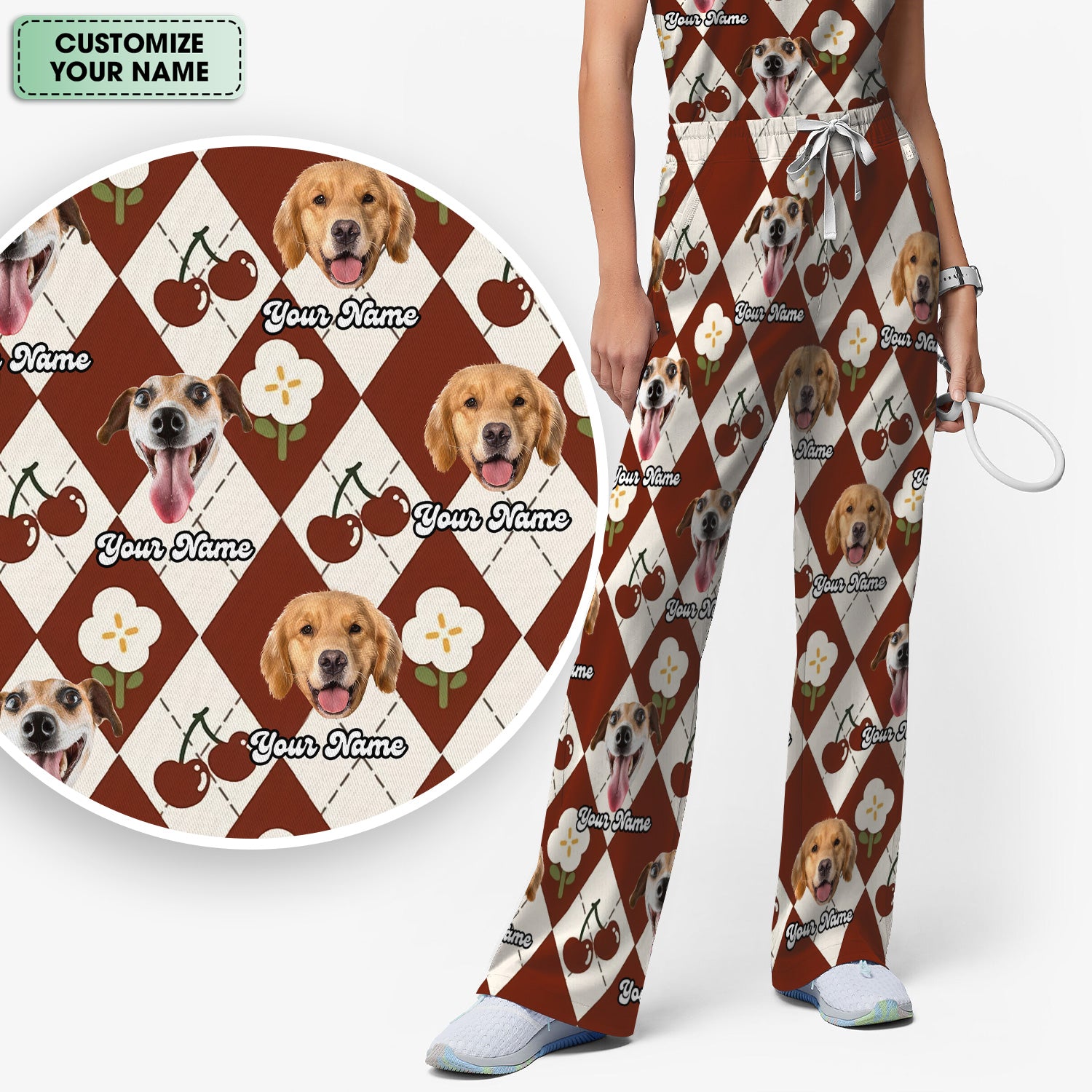 Custom Dog Face Scrub Set, Playful Dog Cherry Argyle Pattern Shirt, Breathable Fabrics Nursing Uniform