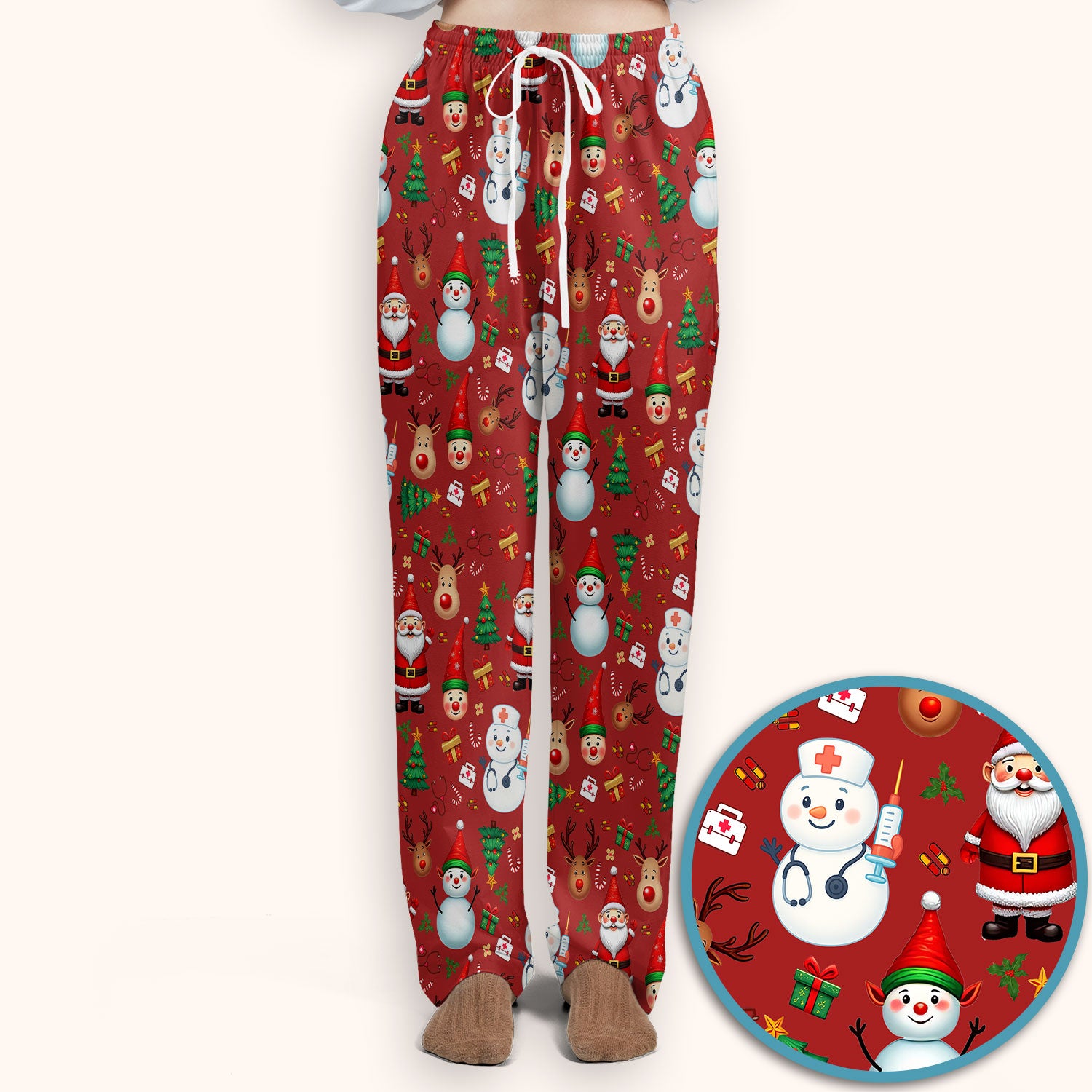 Christmas Nurse Scrub Set - Cute Snowman Santa Reindeer Pattern Medical Uniform - Festive Holiday Scrubs Pants and V Neck Top