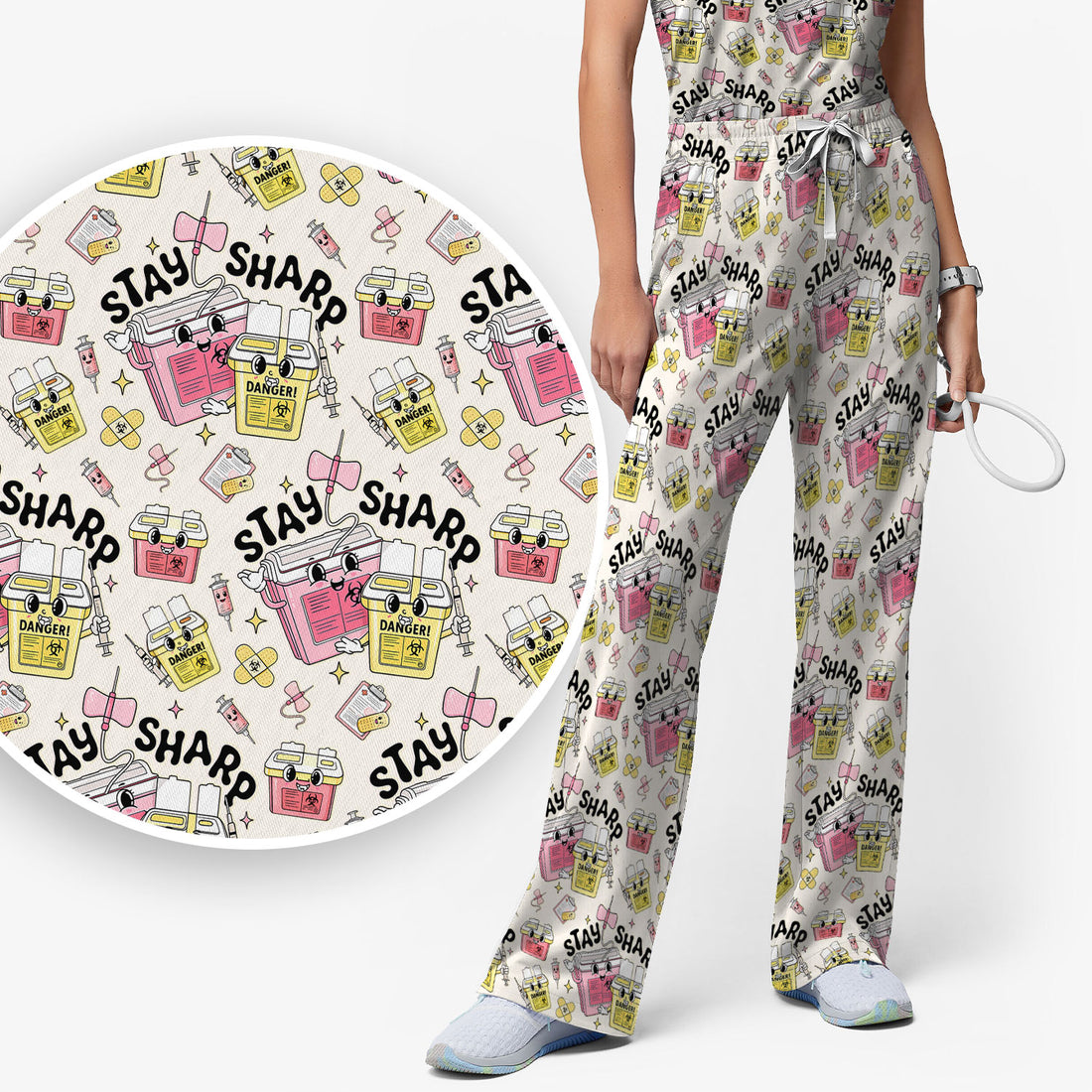 Stay Sharp Nurse Scrub Set, Cute Medical Pattern Scrubs, Breathable Fabrics Nursing Uniform