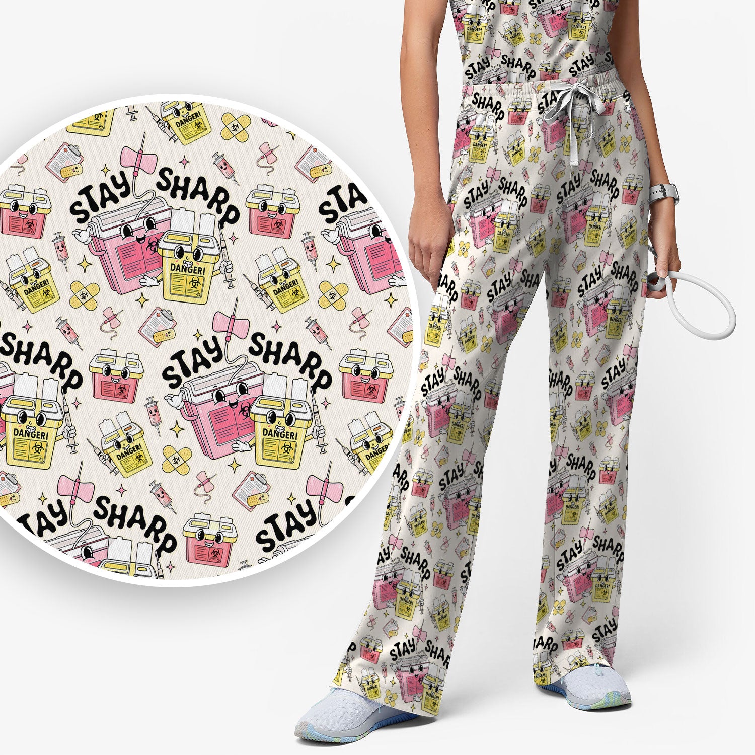 Stay Sharp Nurse Scrub Set, Cute Medical Pattern Scrubs, Breathable Fabrics Nursing Uniform