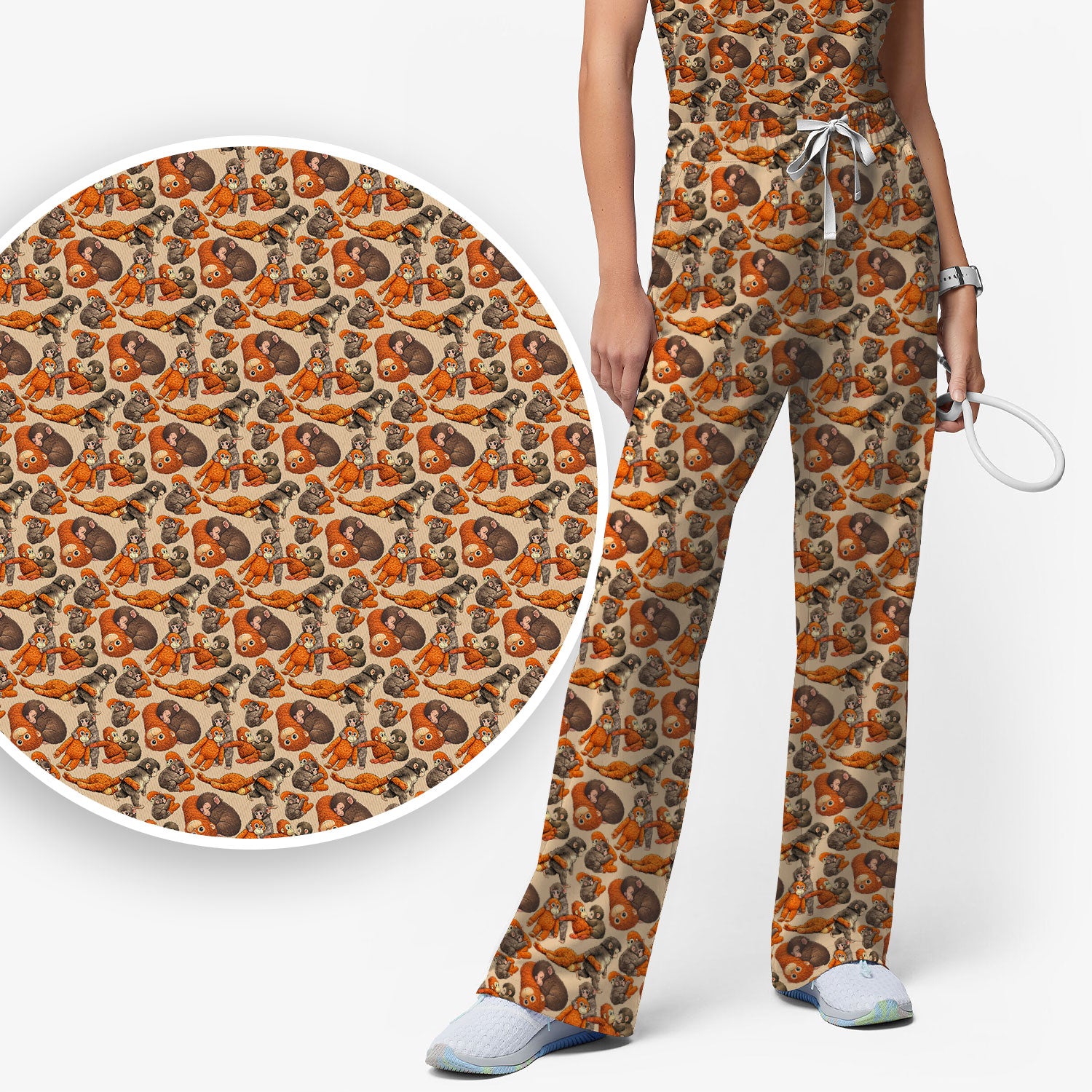 Funny Baby Monkeys With Cute Poses Pattern Scrubs Sets, Scrub Pants and V Neck Top