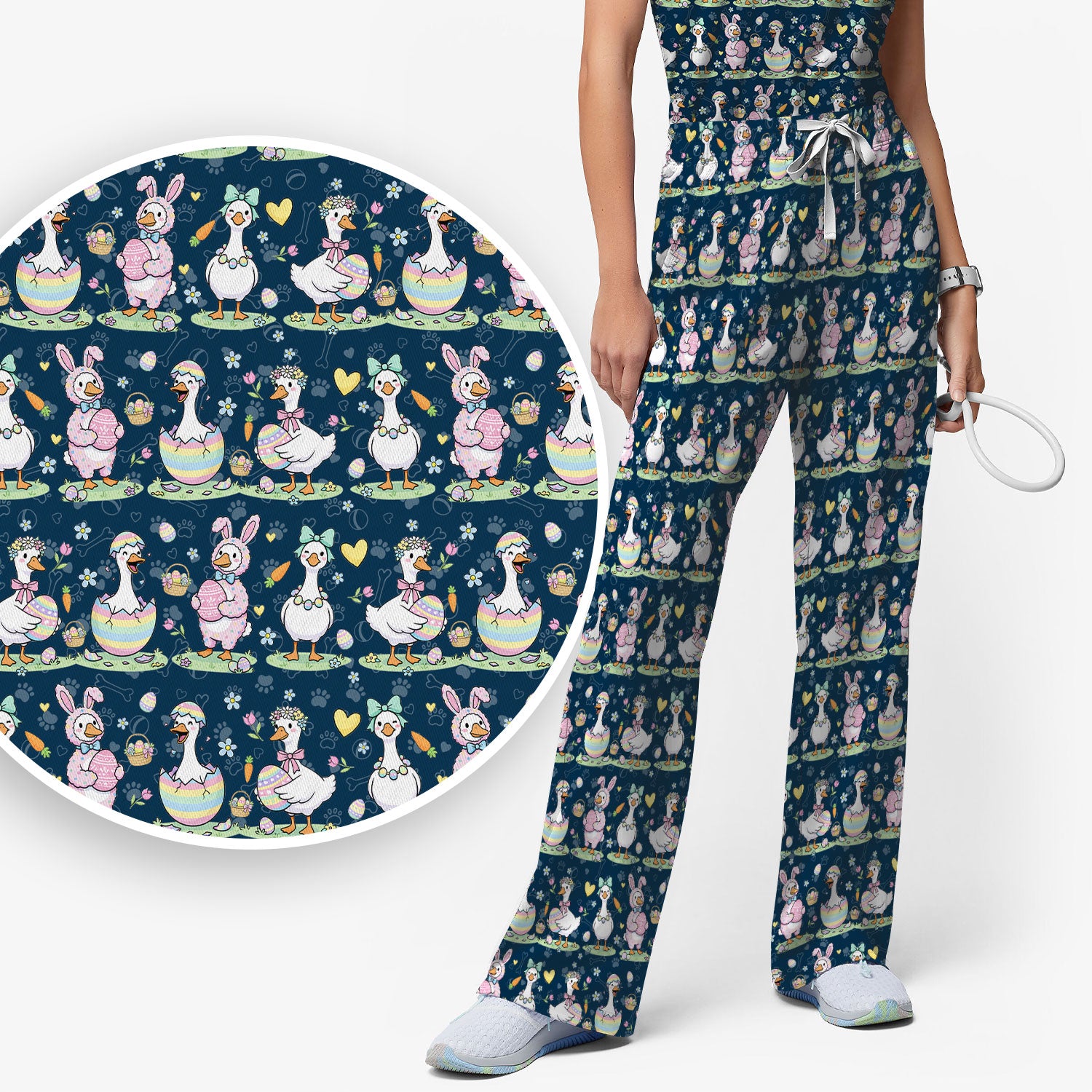 Spring Easter Goose and Bunny Print Scrub Set, Breathable Med Uniform