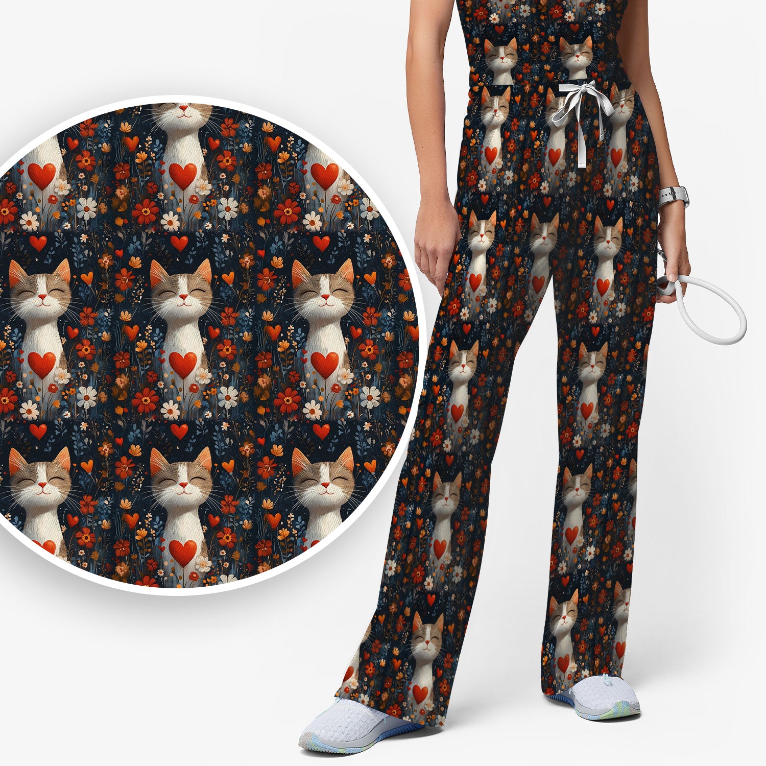 Cat Heart Floral Garden Pattern Scrub Set, Scrub Pants and V Neck Top