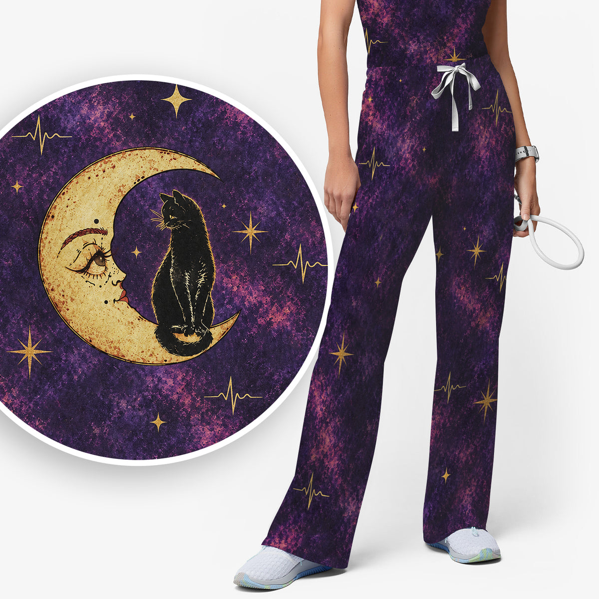 Celestial Nurse Black Cat Crescent Moon Scrub Set, Scrub Pants and V Neck Top