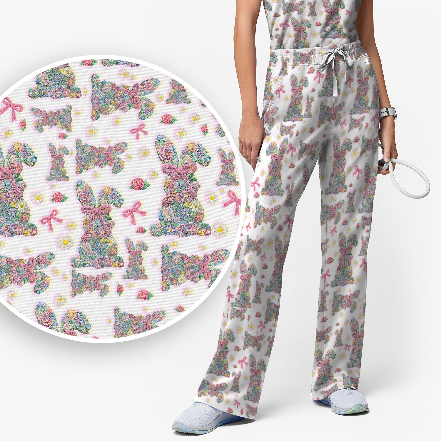 Colorful Floral Bunny with Pink Bow Pattern Scrub Set, Breathable Med Uniform